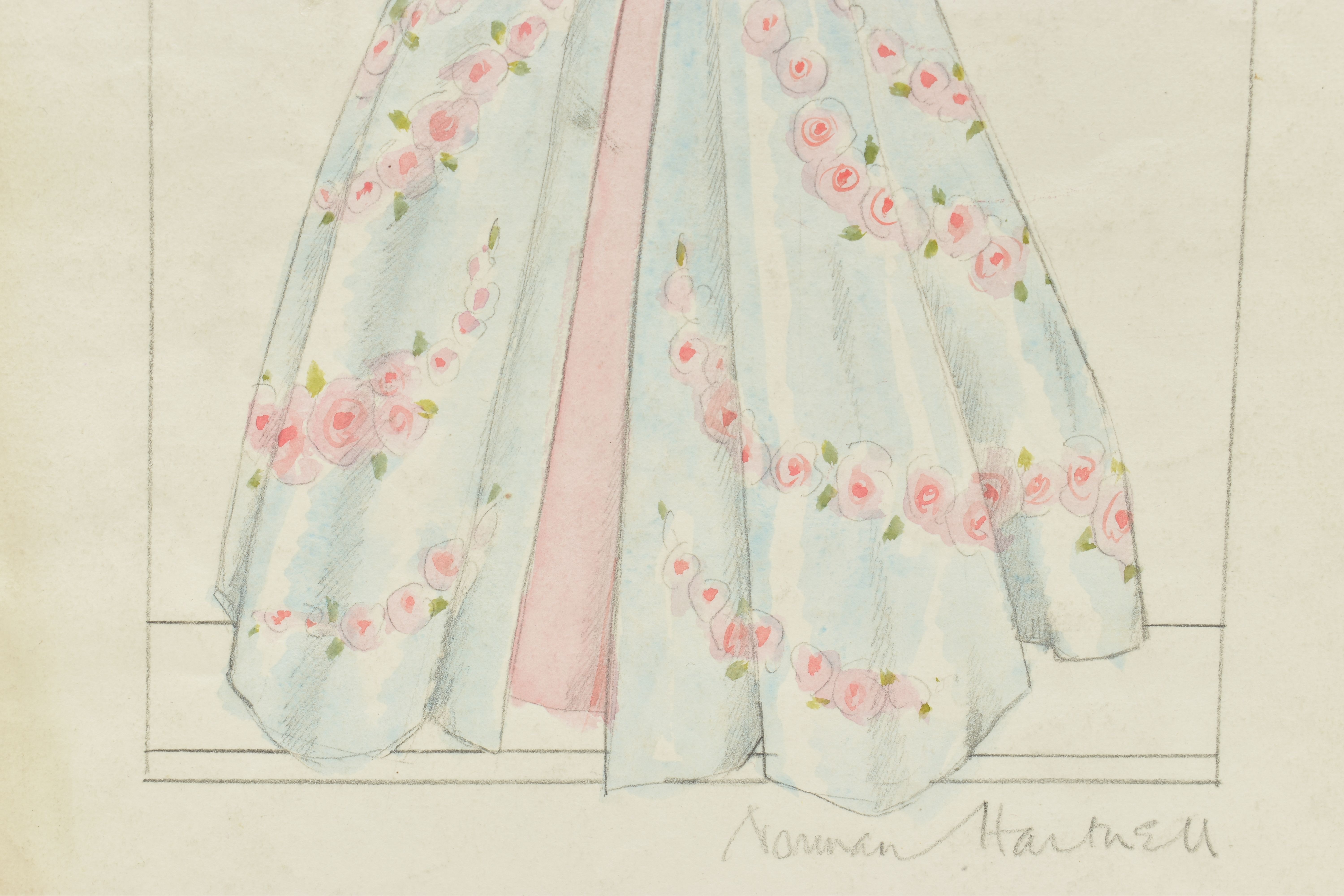 NORMAN HARTNELL (1901-1979) Four signed dress designs, two pencil and watercolours of floral full - Image 7 of 13