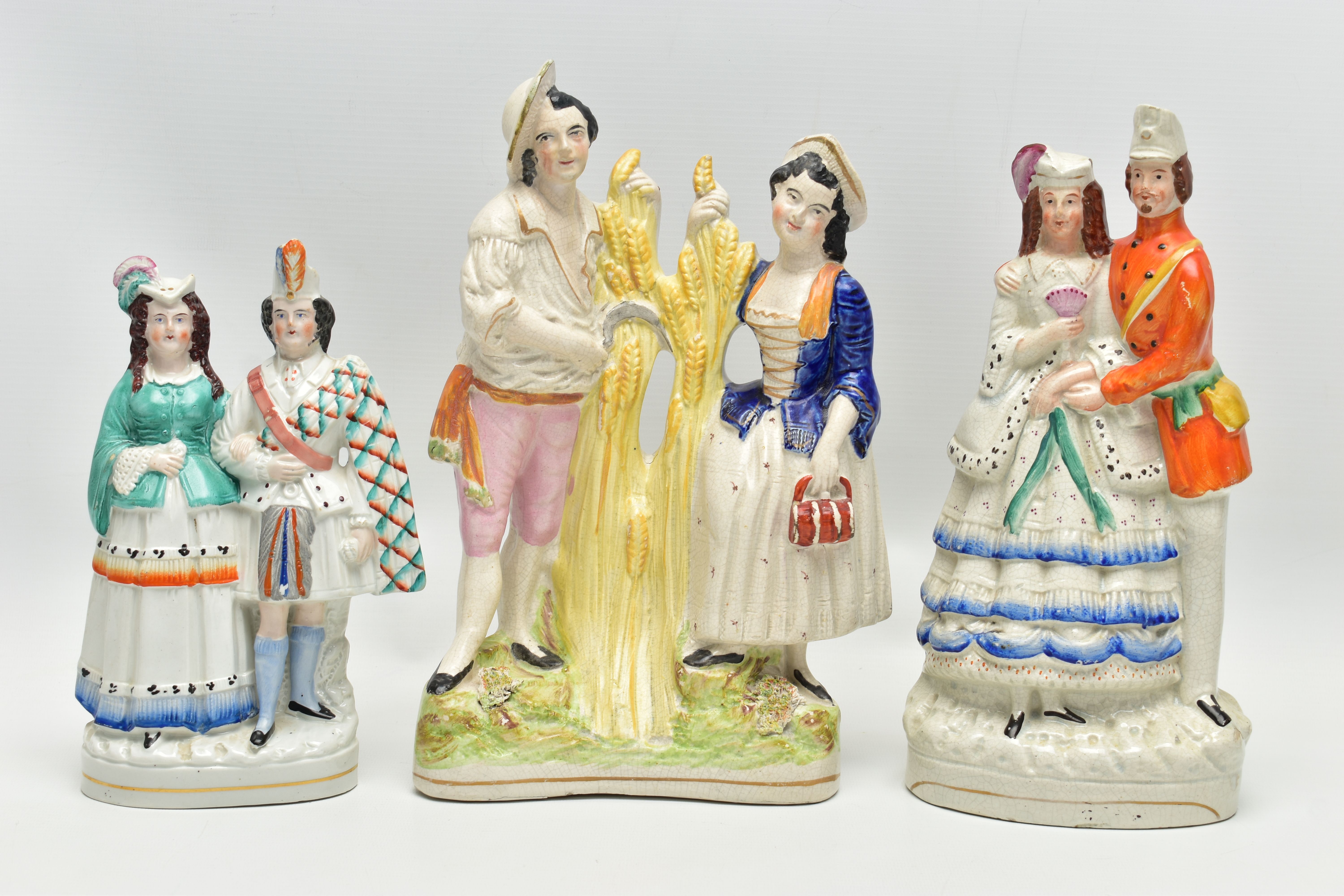 FIVE VICTORIAN STAFFORDSHIRE POTTERY FIGURE GROUPS OF COUPLES, comprising a harvest scene, height - Image 5 of 13