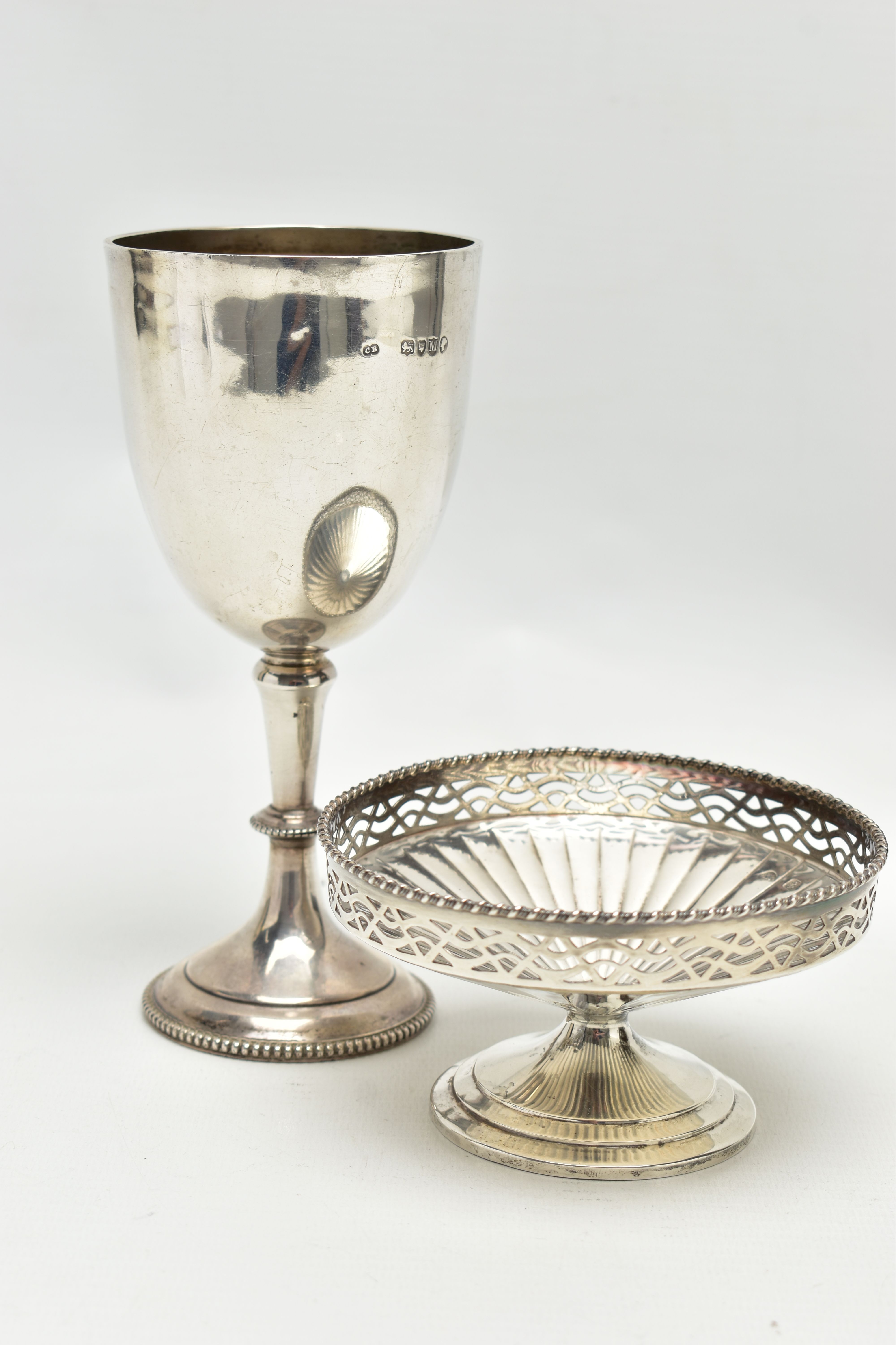 A VICTORIAN SILVER TROPHY CUP AND A GEORGE VI SILVER PEDESTAL BONBON DISH, the trophy cup - Image 5 of 8