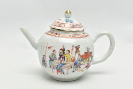 AN 18TH CENTURY CHINESE PORCELAIN BULLET SHAPED TEAPOT, the domed cover with gilt finial, wavy rim