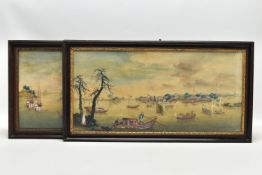 A PAIR OF 19TH CENTURY CHINESE EXPORT PAINTINGS OF RIVER SCENES, possibly Canton region, one with