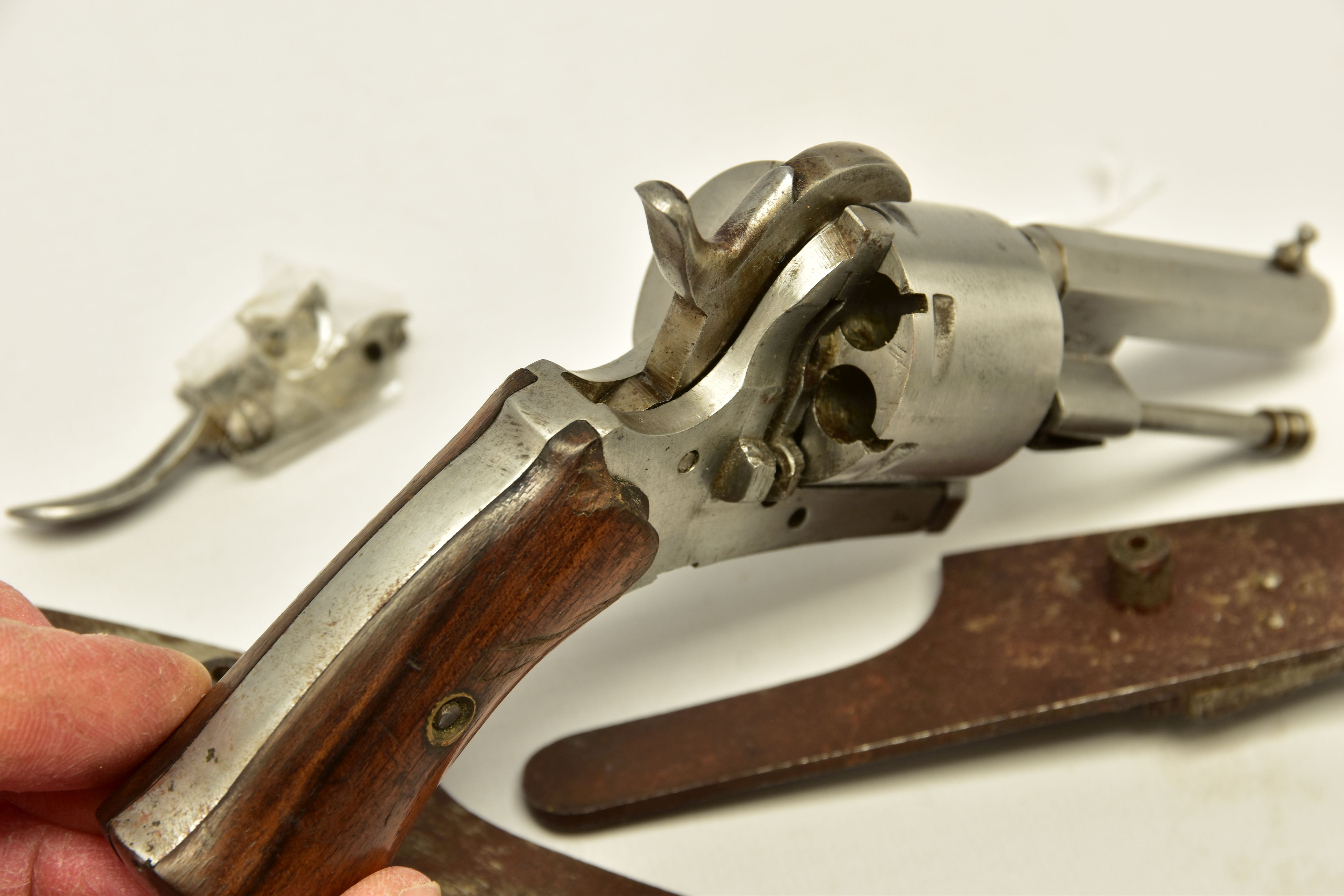 AN ANTIQUE 7MM BELGIAN PROVED PIN-FIRE REVOLVER, partly dismantled and missing its loading gate - Image 6 of 7