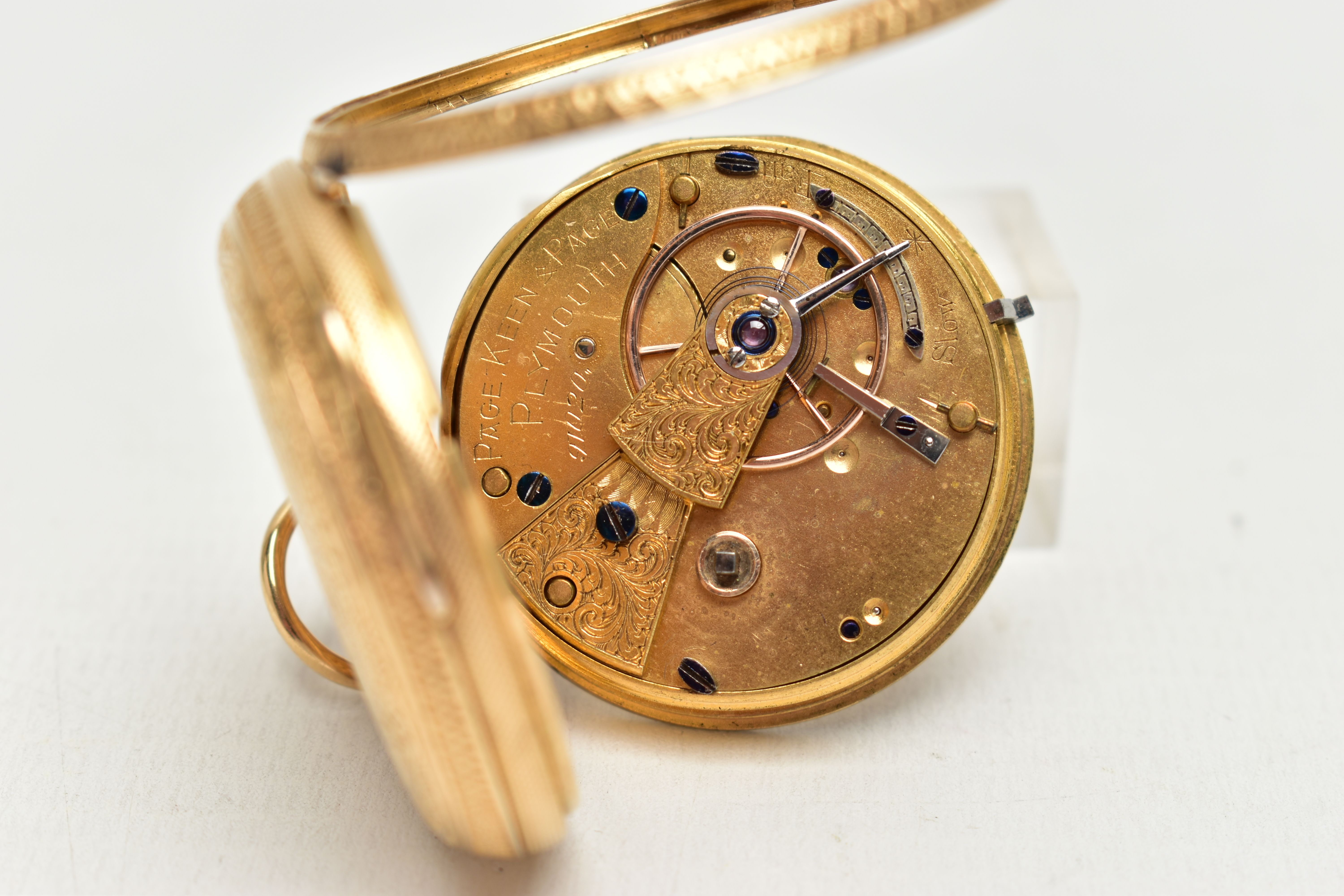 A LATE VICTORIAN 18CT YELLOW GOLD KEY WOUND OPEN FACE POCKET WATCH, the foliate gilt dial, with - Image 5 of 5