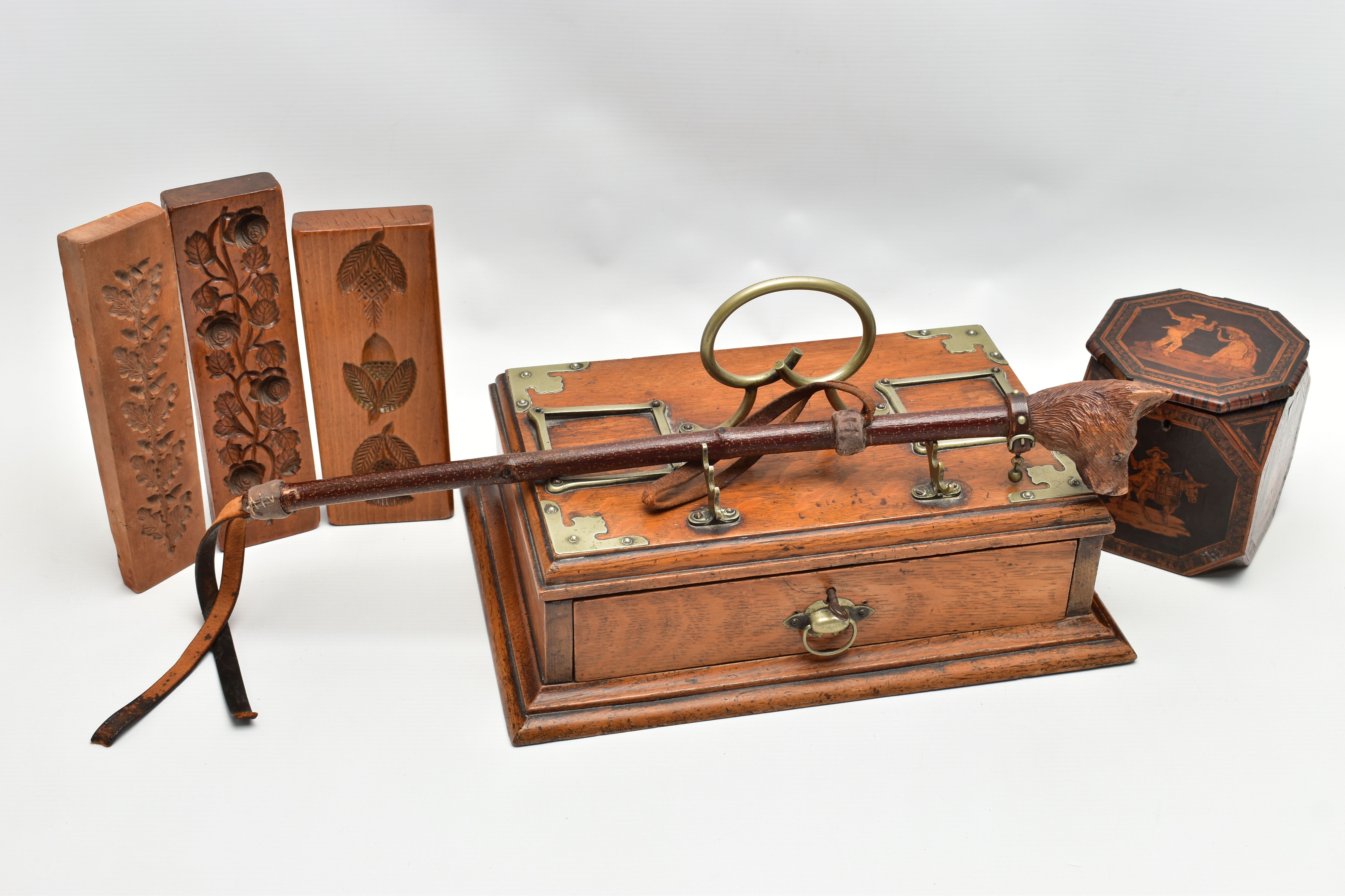 SIX ITEMS OF 19TH AND EARLY 20TH CENTURY TREEN, comprising an Edwardian oak desk stand with silver