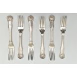 A MATCHED SET OF SIX WILLIAM IV AND VICTORIAN FIDDLE AND THREAD PATTERN TABLE FORKS, engraved crest,