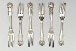 A MATCHED SET OF SIX WILLIAM IV AND VICTORIAN FIDDLE AND THREAD PATTERN TABLE FORKS, engraved crest,