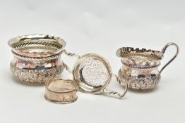 A LATE VICTORIAN SILVER CREAM JUG AND SUGAR BOWL OF CIRCULAR FORM, crimped rims above a rope twist