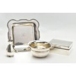 FOUR ITEMS OF 20TH CENTURY SILVER, comprising an American sterling silver shaped square platter,