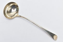 A GEORGE III SILVER OLD ENGLISH PATTERN SOUP LADLE, engraved initial 'N', maker's mark partially