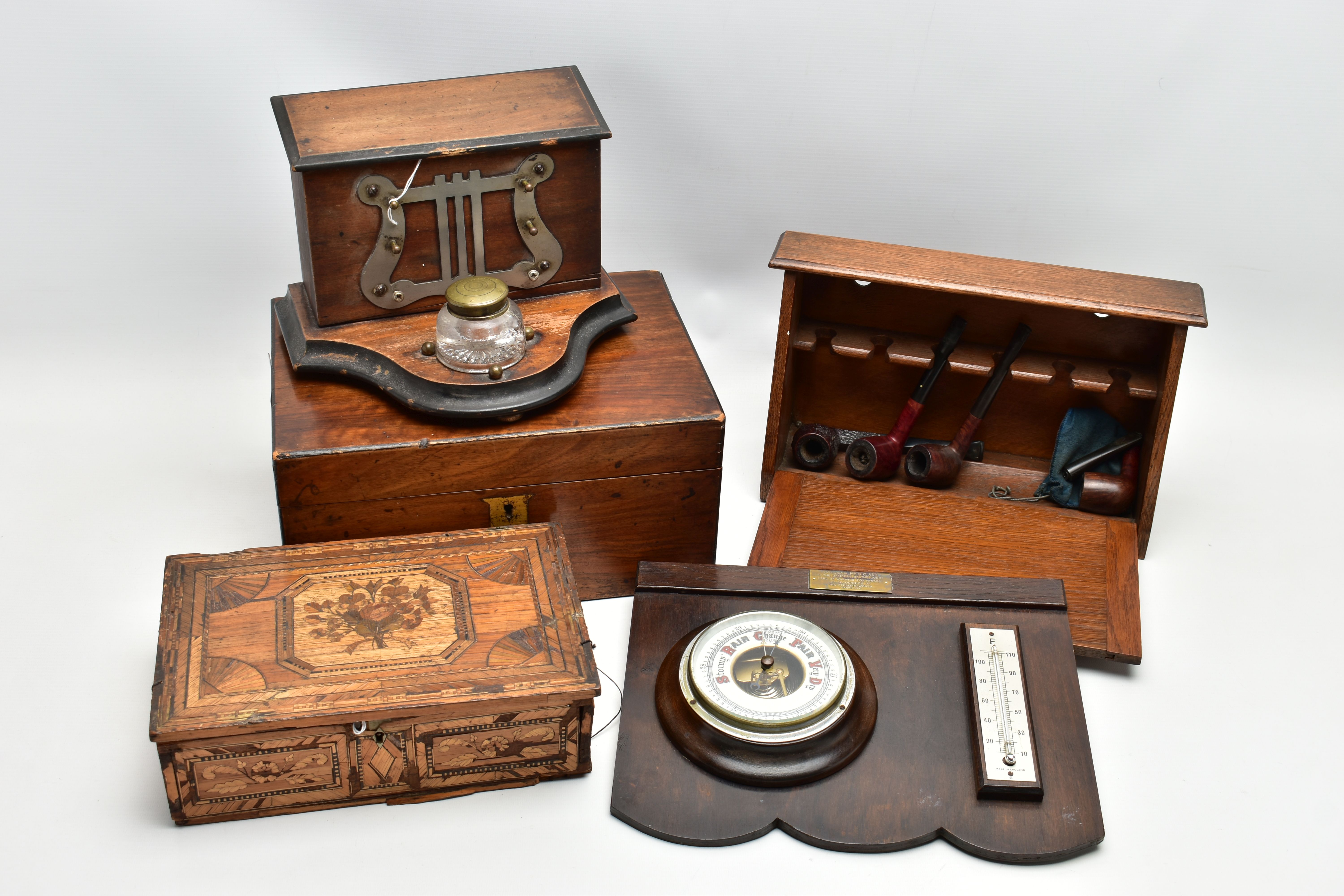 A GROUP OF FIVE 19TH AND 20TH CENTURY BOXES / BAROMETER, comprising a Napoleonic Prisoner of War