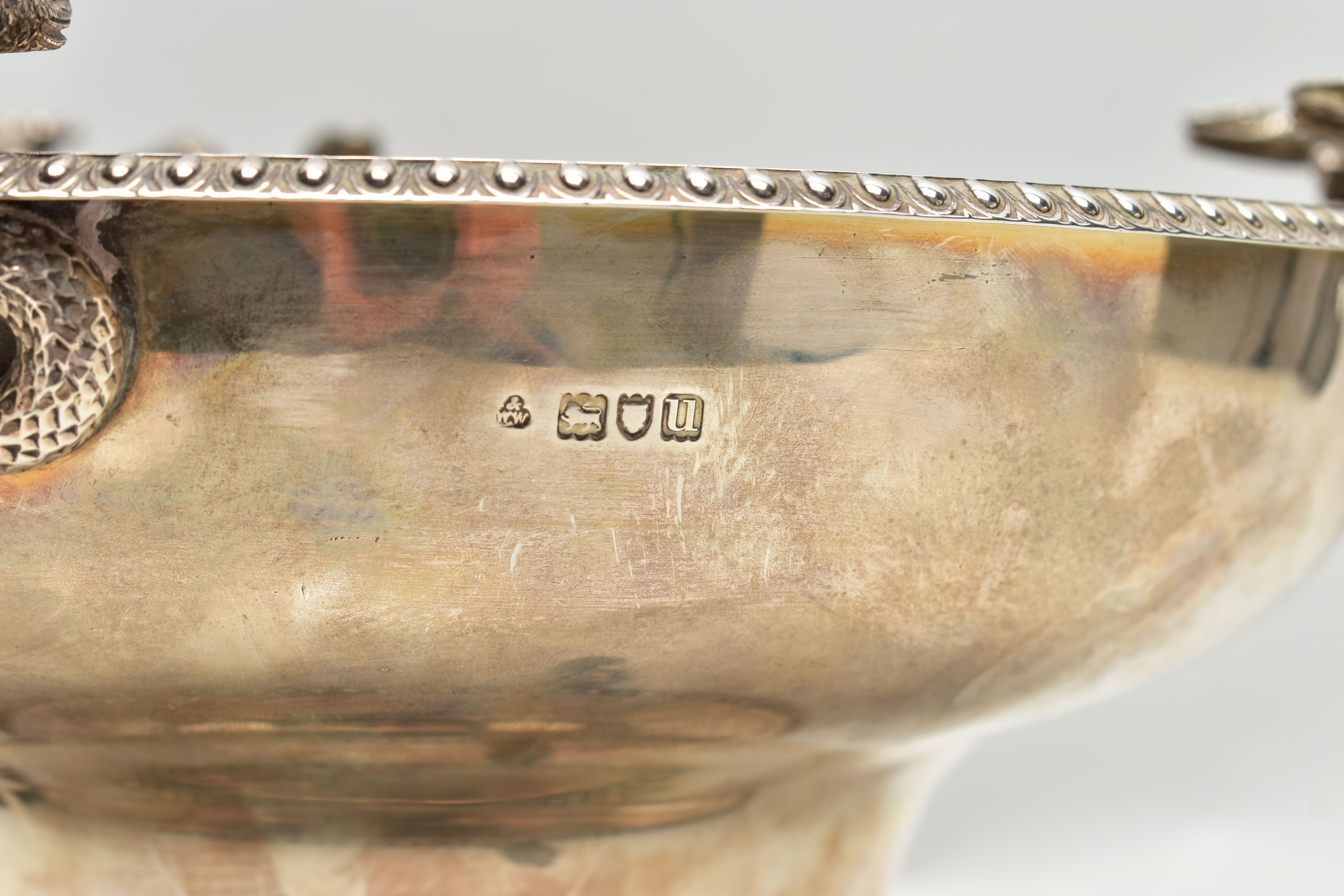 A GEORGE V SILVER PEDESTAL BOWL, with three cast handles, each formed of two serpents and two lion - Image 2 of 14