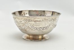 A VICTORIAN SILVER PEDESTAL BOWL, the beaded rim above repousse decorated ribbons and swags,