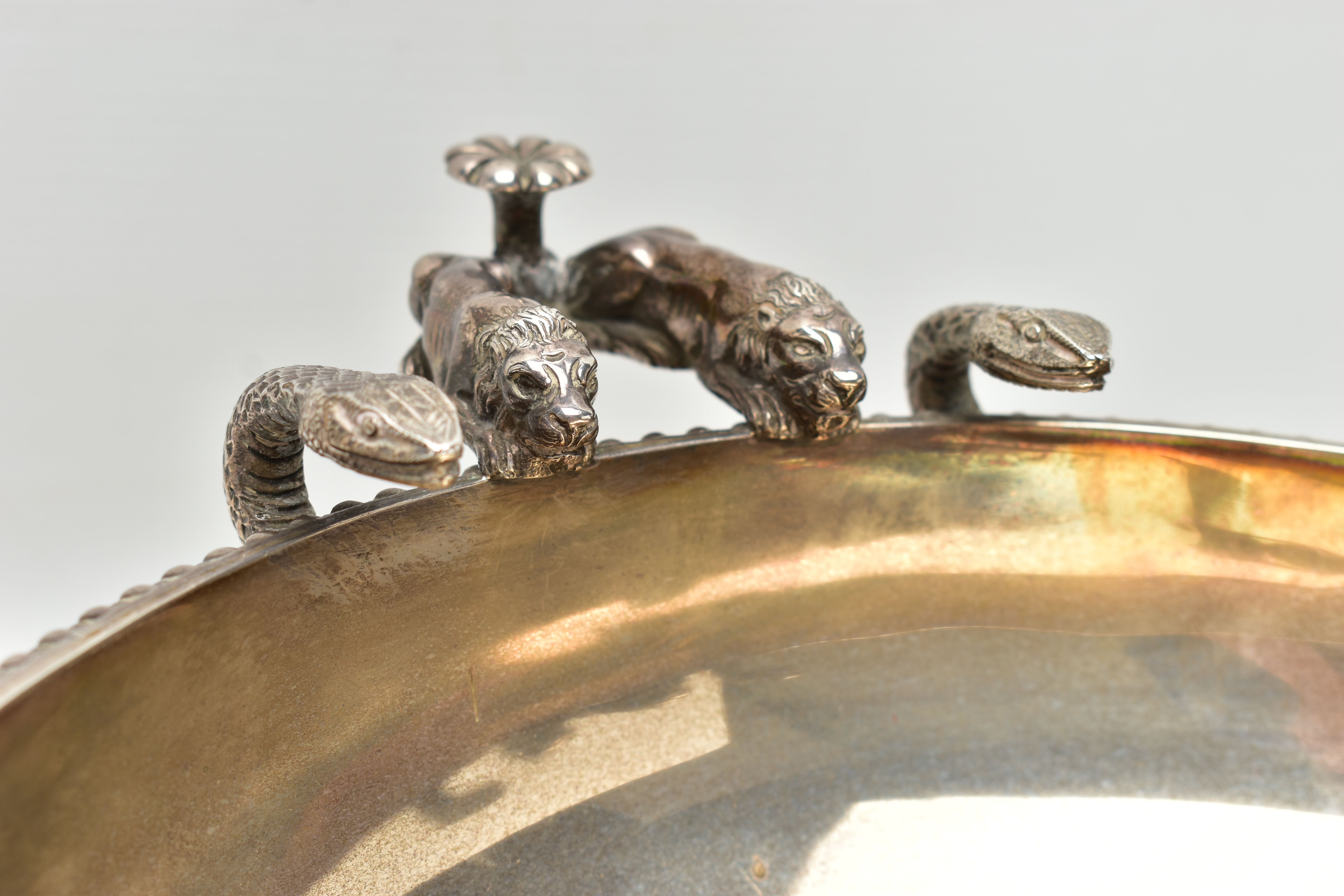 A GEORGE V SILVER PEDESTAL BOWL, with three cast handles, each formed of two serpents and two lion - Image 8 of 14
