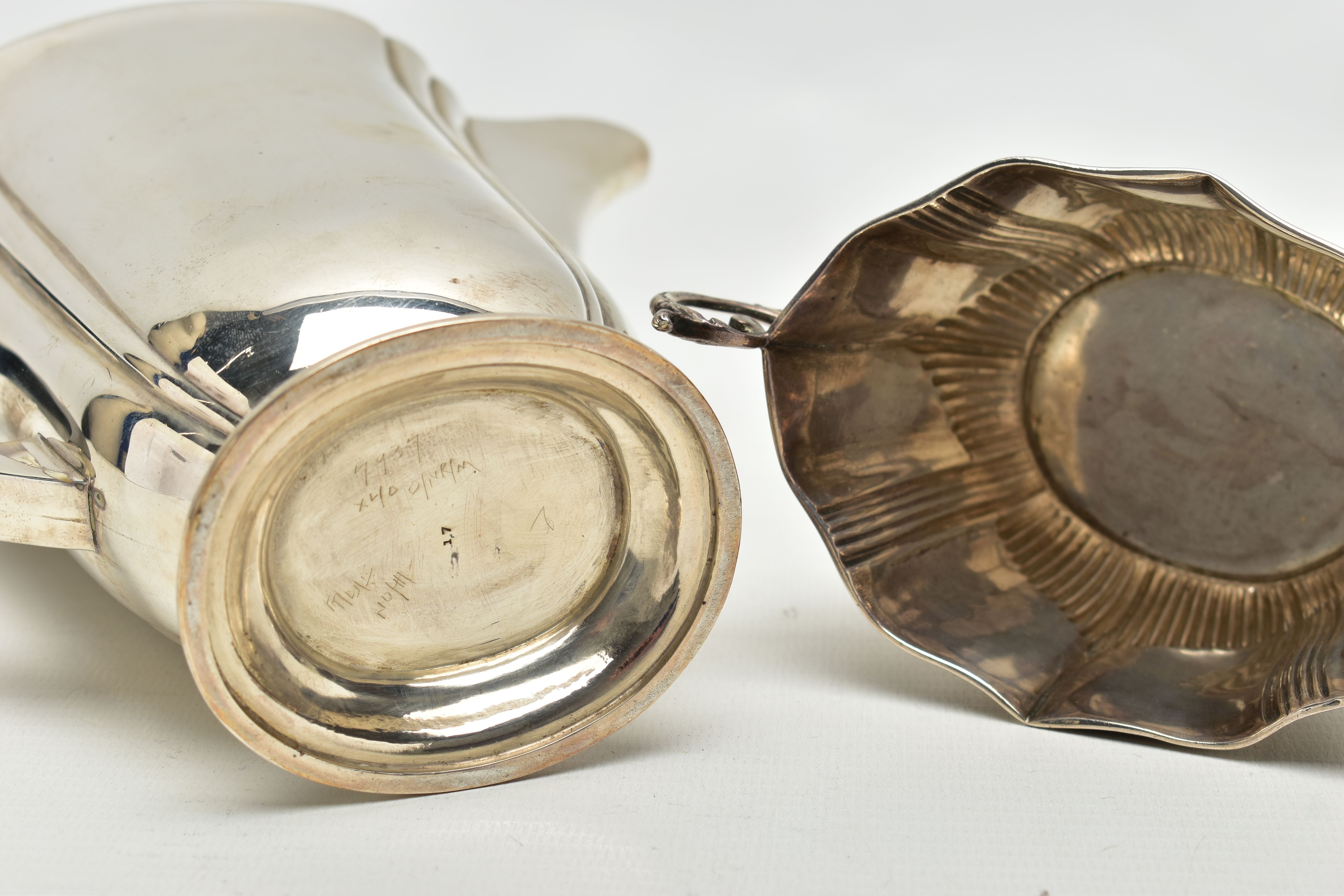 A GEORGE V SILVER HOT WATER JUG AND A LATE VICTORIAN TWIN HANDLED SUGAR BOWL, the hot water jug of - Image 10 of 10