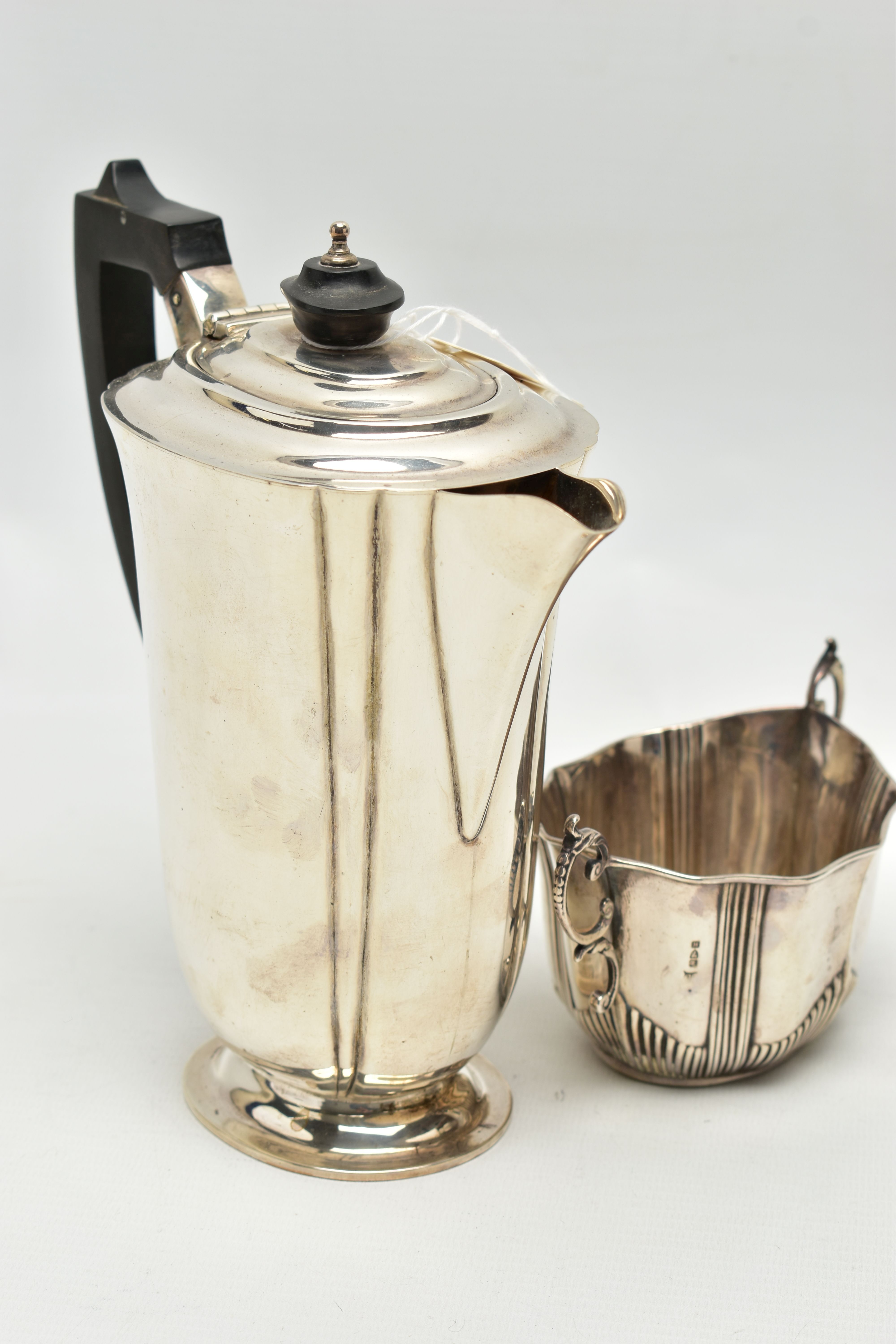 A GEORGE V SILVER HOT WATER JUG AND A LATE VICTORIAN TWIN HANDLED SUGAR BOWL, the hot water jug of - Image 5 of 10