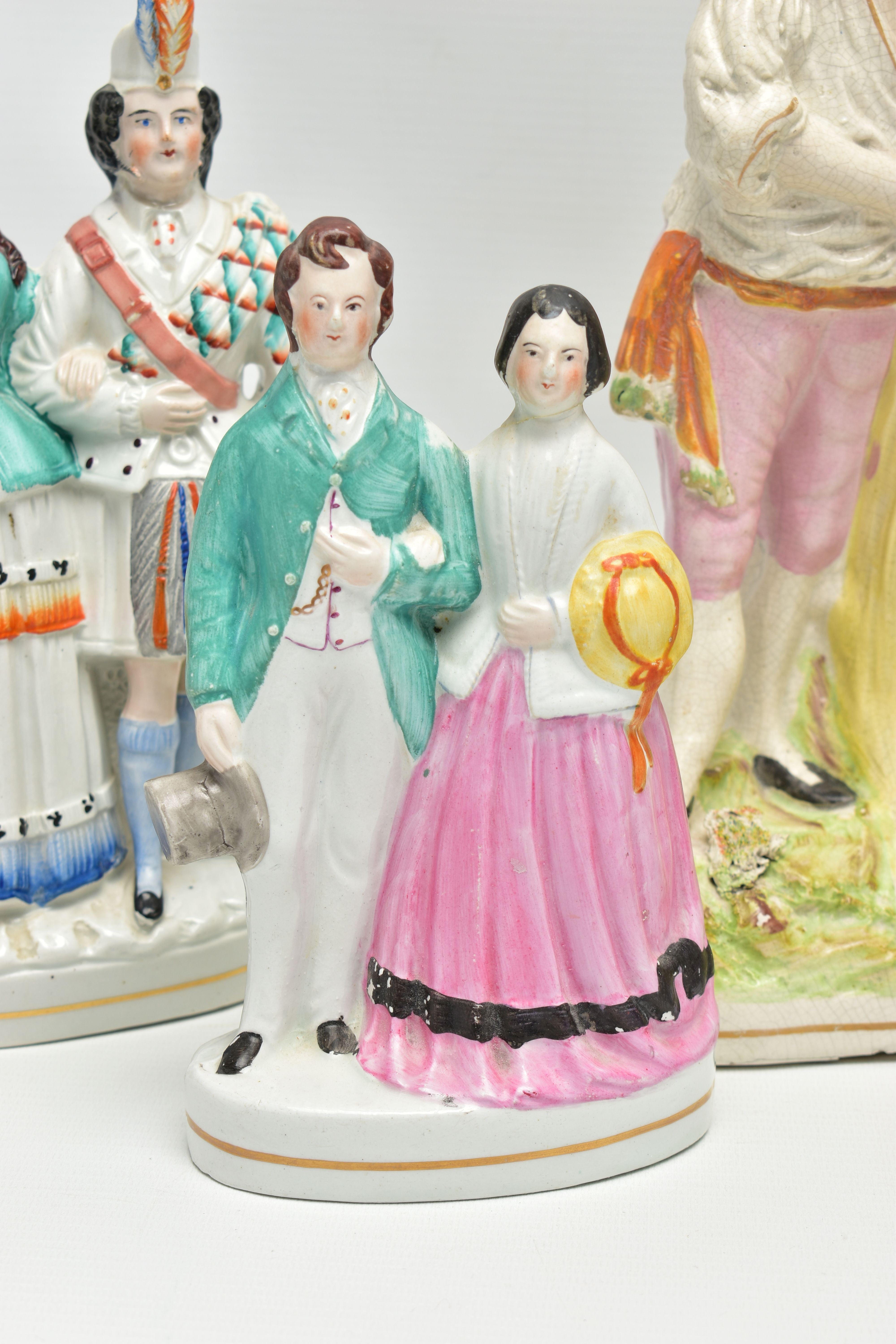 FIVE VICTORIAN STAFFORDSHIRE POTTERY FIGURE GROUPS OF COUPLES, comprising a harvest scene, height - Image 2 of 13