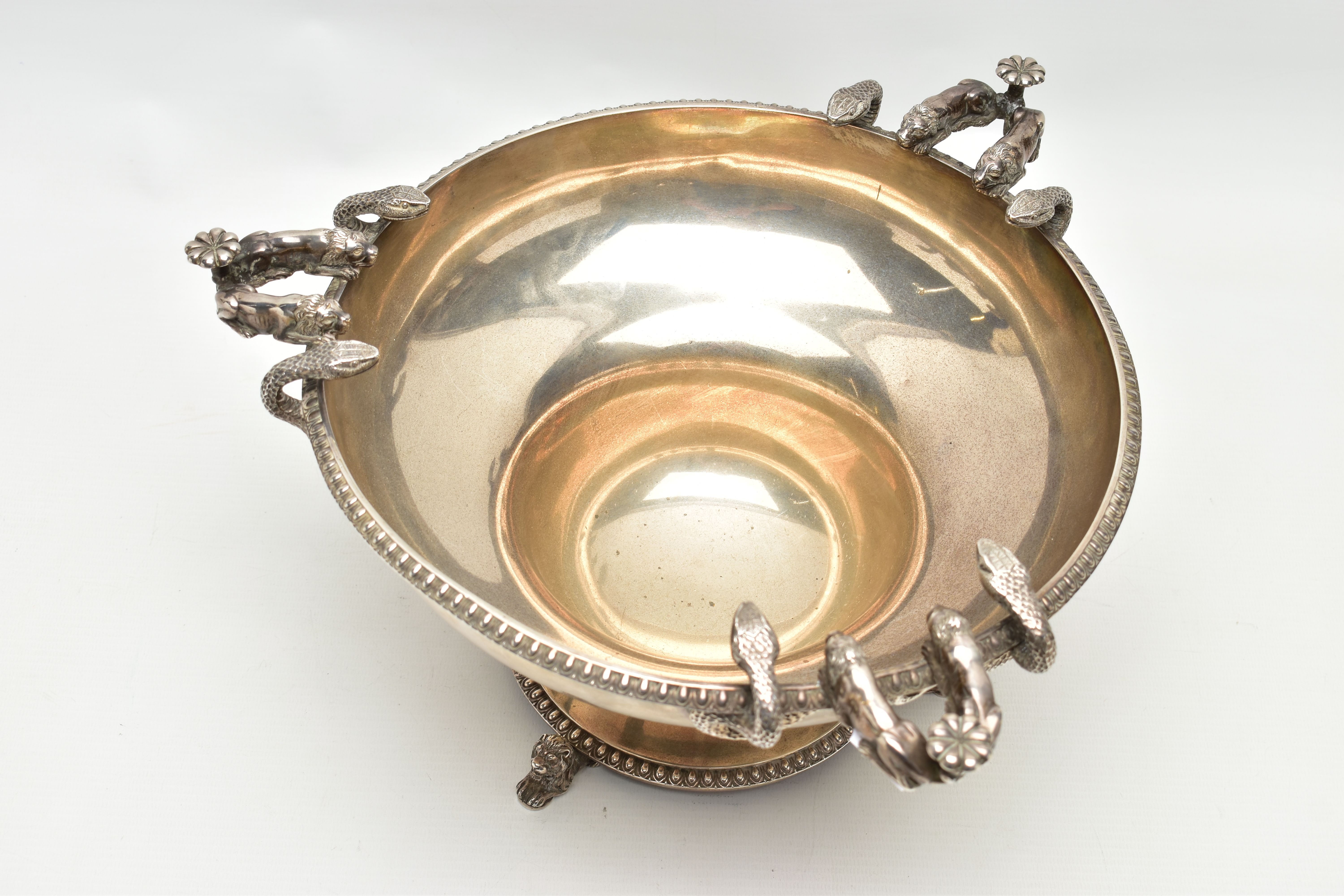 A GEORGE V SILVER PEDESTAL BOWL, with three cast handles, each formed of two serpents and two lion - Image 10 of 14