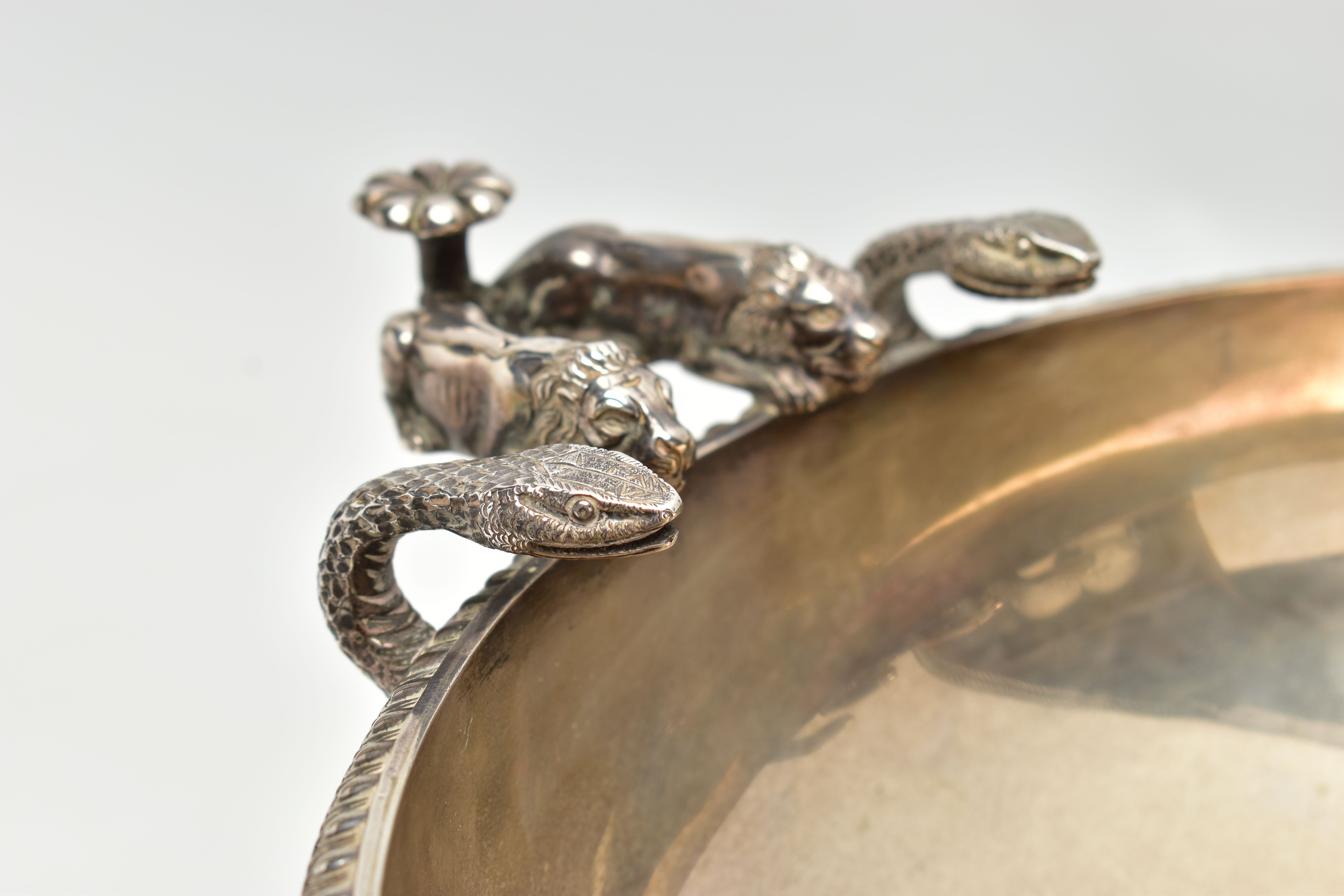 A GEORGE V SILVER PEDESTAL BOWL, with three cast handles, each formed of two serpents and two lion - Image 9 of 14