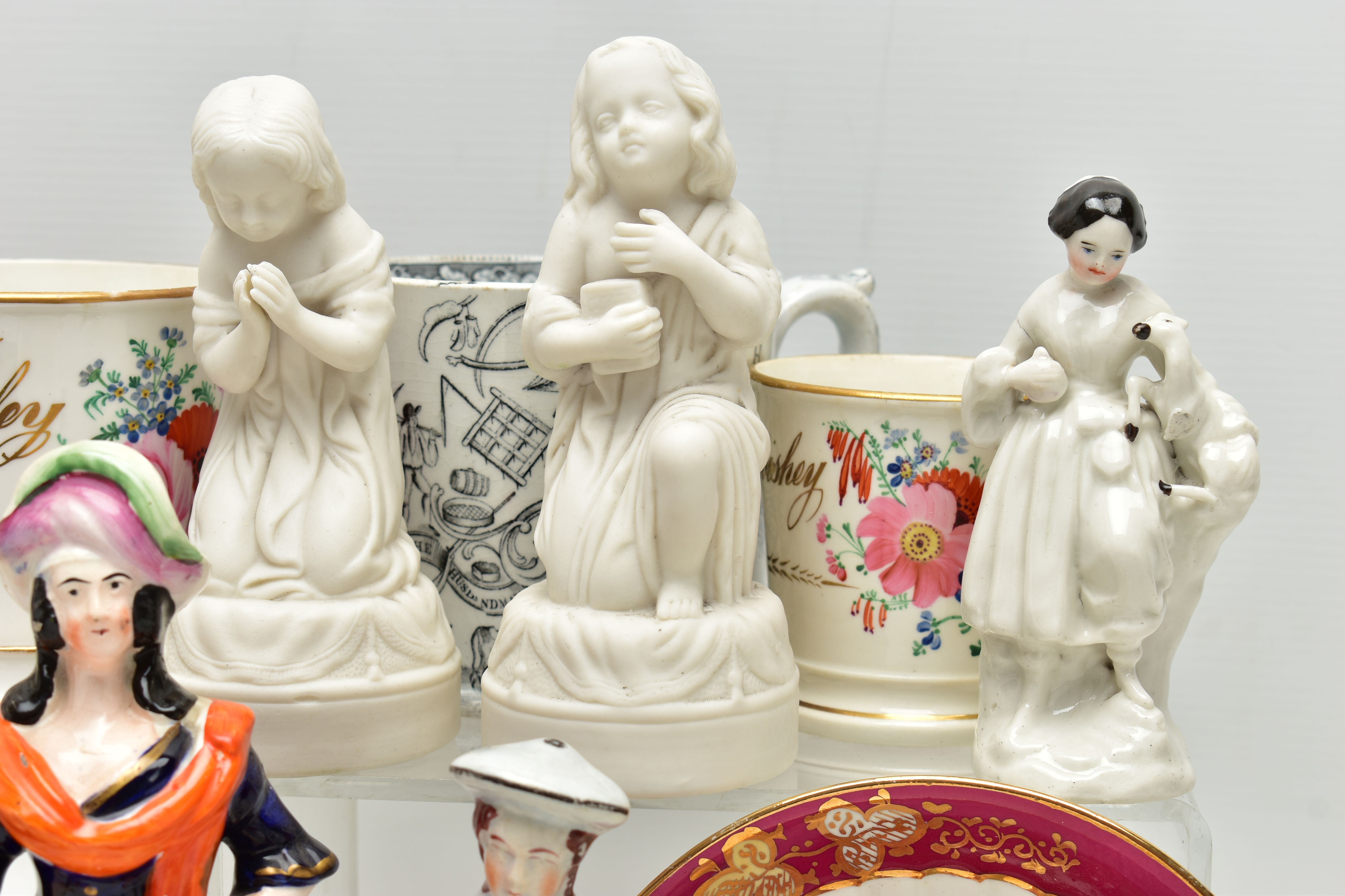 A GROUP OF 19TH AND EARLY 20TH CENTURY CERAMICS, comprising a family group of three hand painted - Image 8 of 16