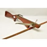 A MODERN CROSSBOW AND MODERN LONG BOW, both minus their draw strings, a modern aluminium bow with