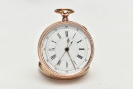 AN EARLY 20TH CENTURY YELLOW METAL KEY WOUND OPEN FACE POCKET WATCH, the white enamel dial with