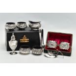 A PARCEL OF LATE VICTORIAN AND 20TH CENTURY SILVER NAPKIN RINGS, SUGAR TONGS AND CRUET ITEMS,