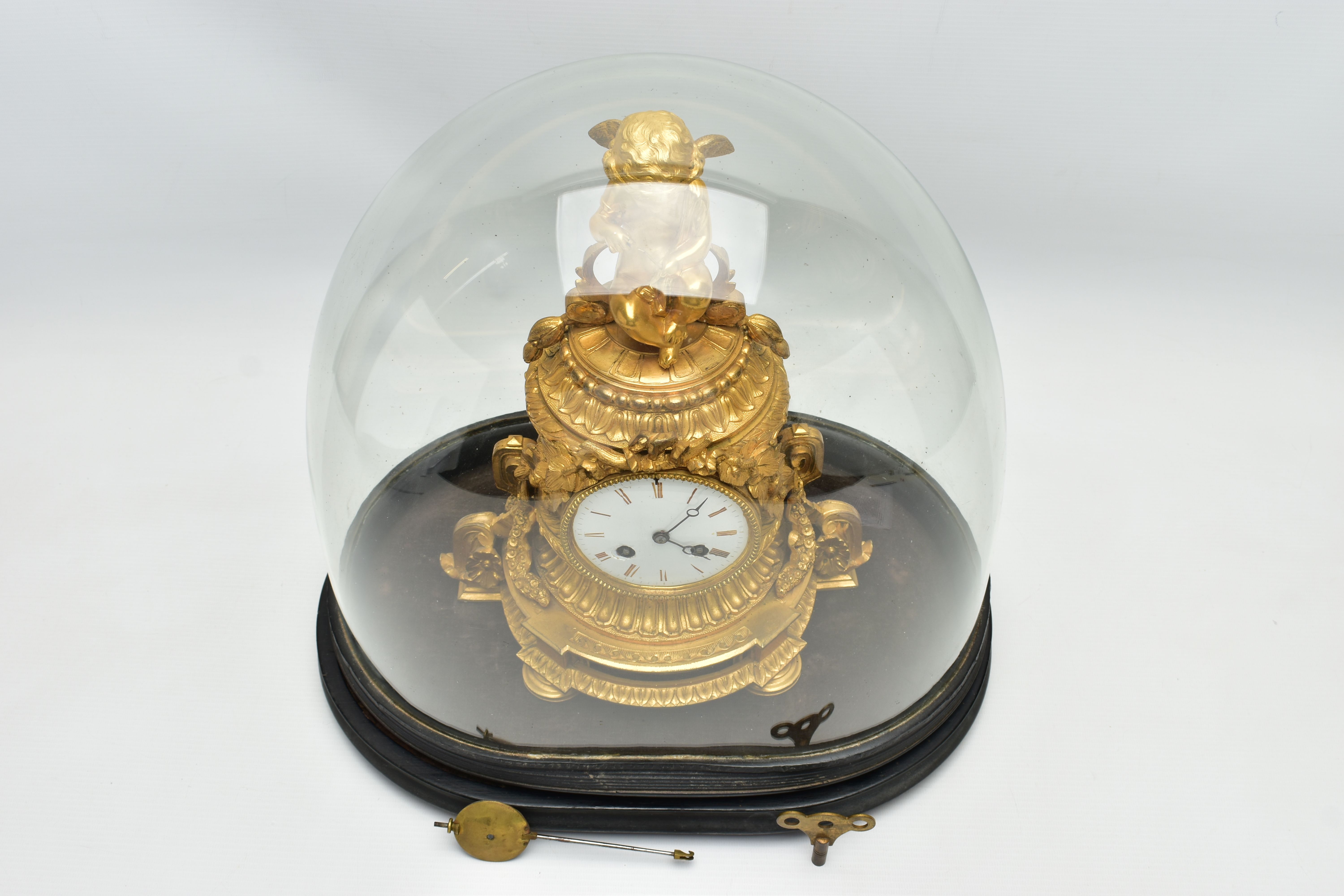 A LATE 19TH CENTURY FRENCH ORMOLU MANTEL CLOCK OF SHAPED CYLINDRICAL FORM, the circular top with - Image 2 of 16