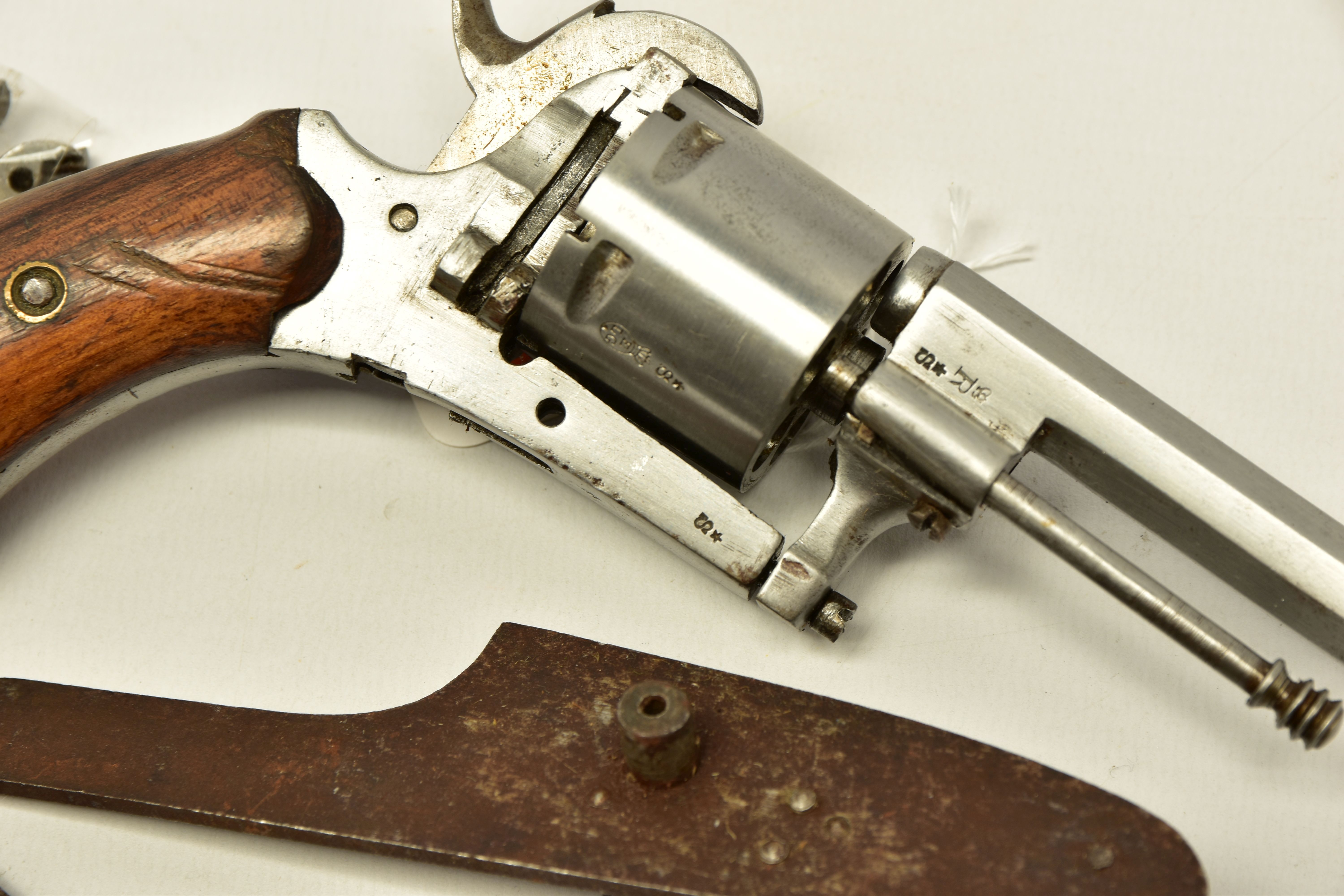 AN ANTIQUE 7MM BELGIAN PROVED PIN-FIRE REVOLVER, partly dismantled and missing its loading gate - Image 5 of 7