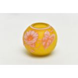 A LATE 19TH CENTURY YELLOW CAMEO GLASS MINIATURE VASE (CUT DOWN), decorated in white and pink