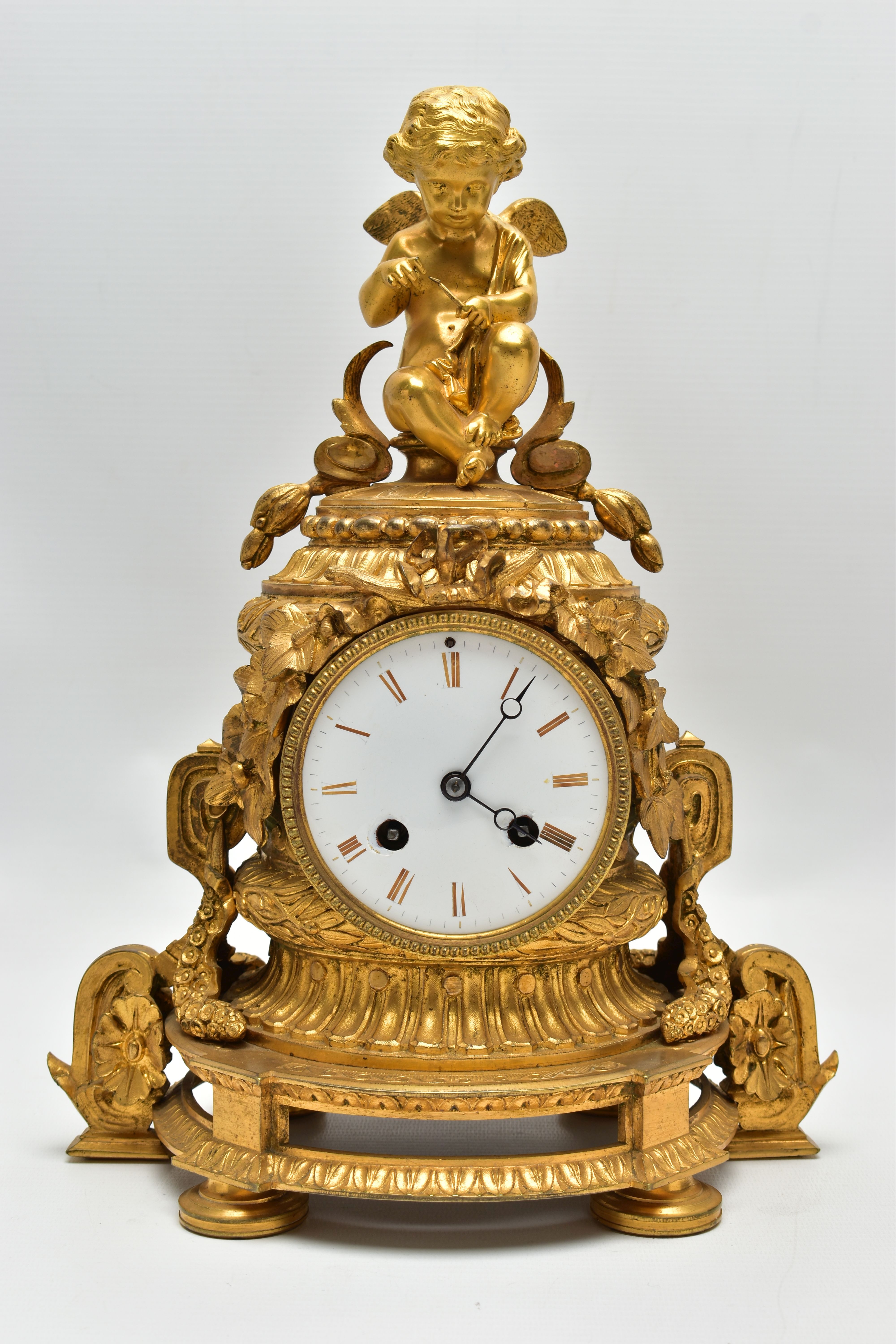 A LATE 19TH CENTURY FRENCH ORMOLU MANTEL CLOCK OF SHAPED CYLINDRICAL FORM, the circular top with - Image 4 of 16