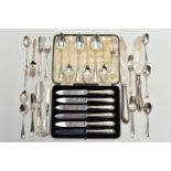A PARCEL OF 19TH AND 20TH CENTURY CASED AND LOOSE SILVER CUTLERY AND FLATWARE, comprising a set of