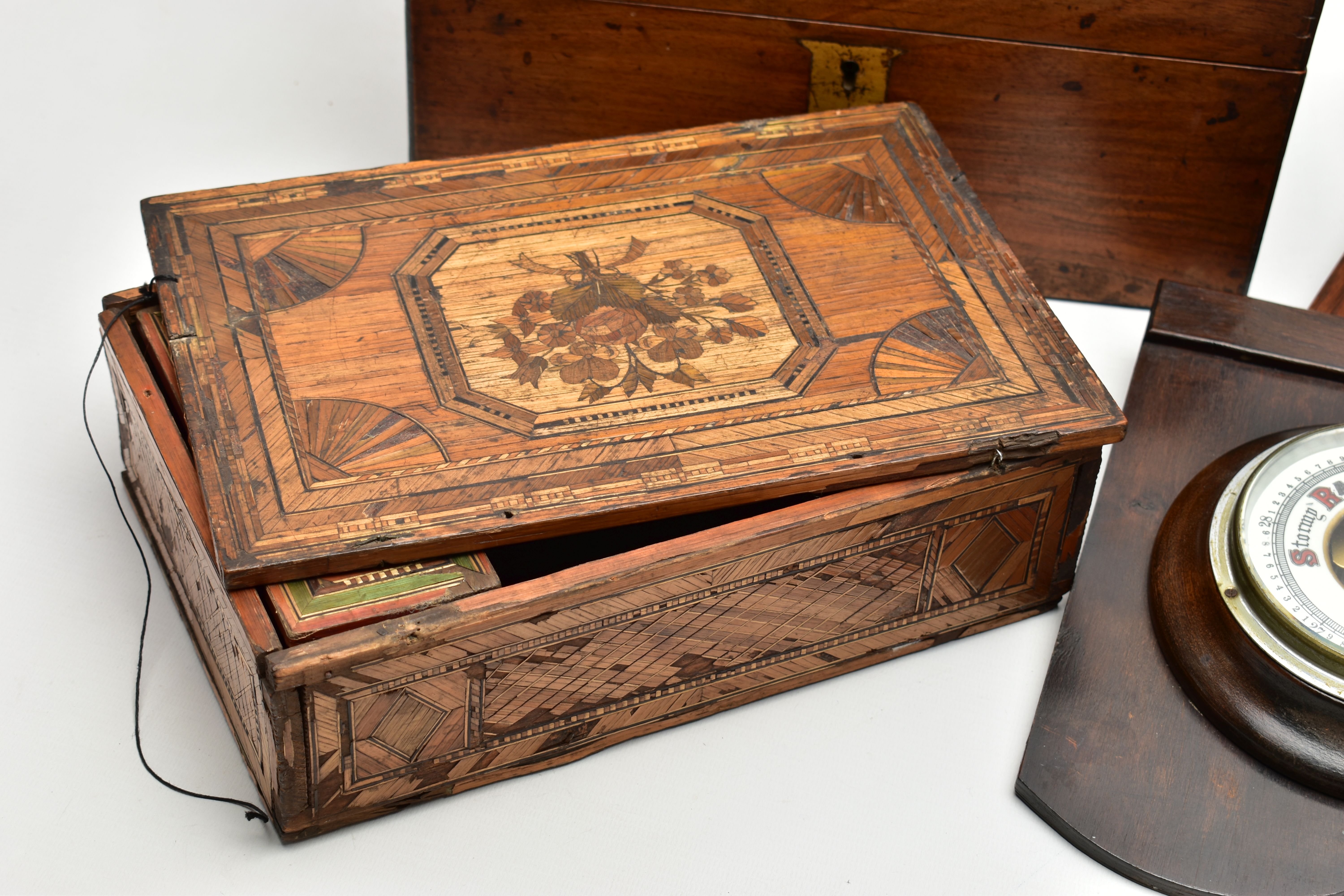 A GROUP OF FIVE 19TH AND 20TH CENTURY BOXES / BAROMETER, comprising a Napoleonic Prisoner of War - Image 5 of 13