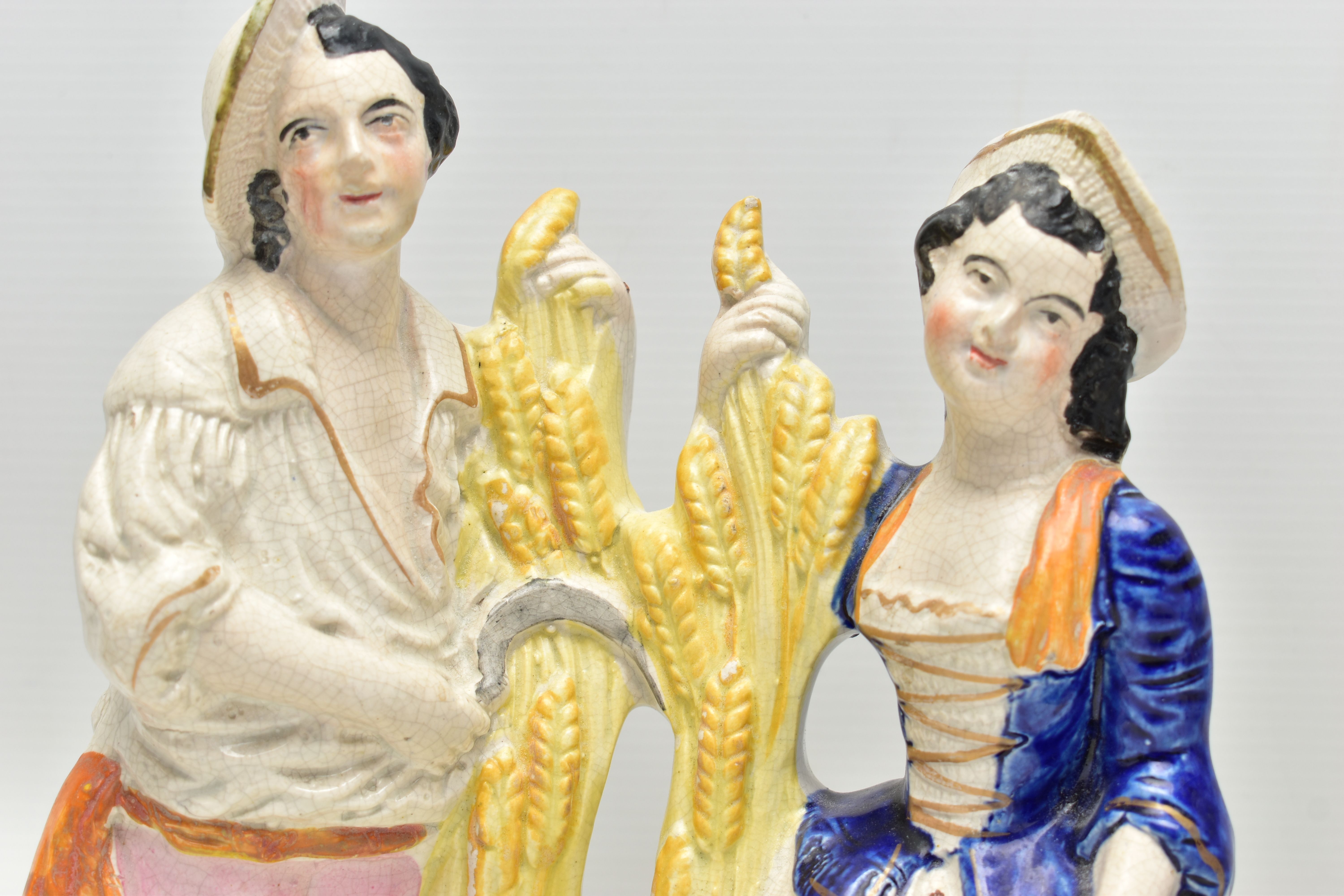 FIVE VICTORIAN STAFFORDSHIRE POTTERY FIGURE GROUPS OF COUPLES, comprising a harvest scene, height - Image 7 of 13