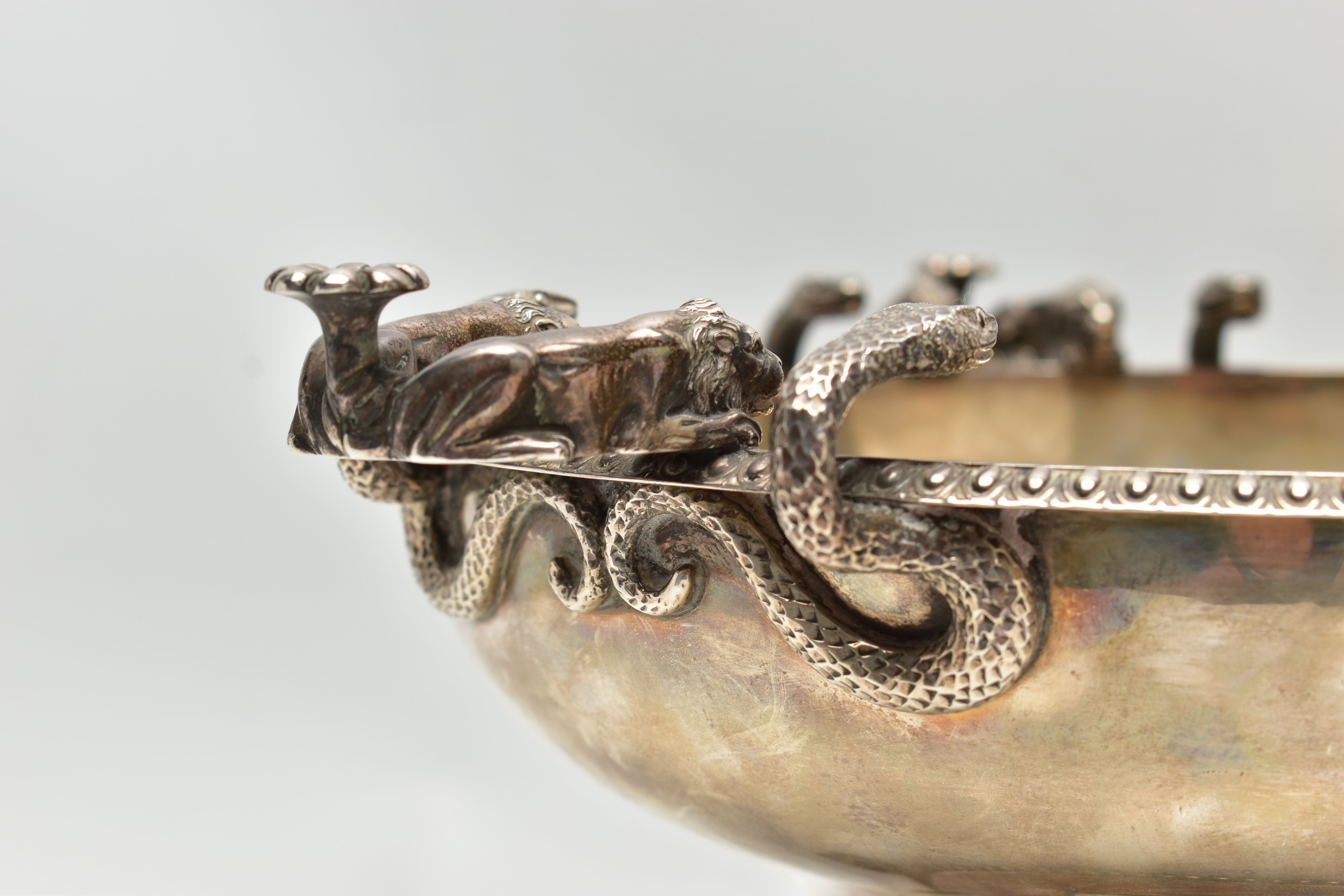 A GEORGE V SILVER PEDESTAL BOWL, with three cast handles, each formed of two serpents and two lion - Image 3 of 14