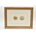 A FRAME CONTAINING TWO 20TH CENTURY CIRCULAR CONVEX PLAQUES HAND PAINTED WITH TWO HIGHLAND CATTLE