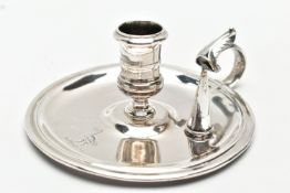 A GEORGE II SILVER CHAMBERSTICK BY GAWEN NASH, scrolled handle with leaf thumbpiece, circular