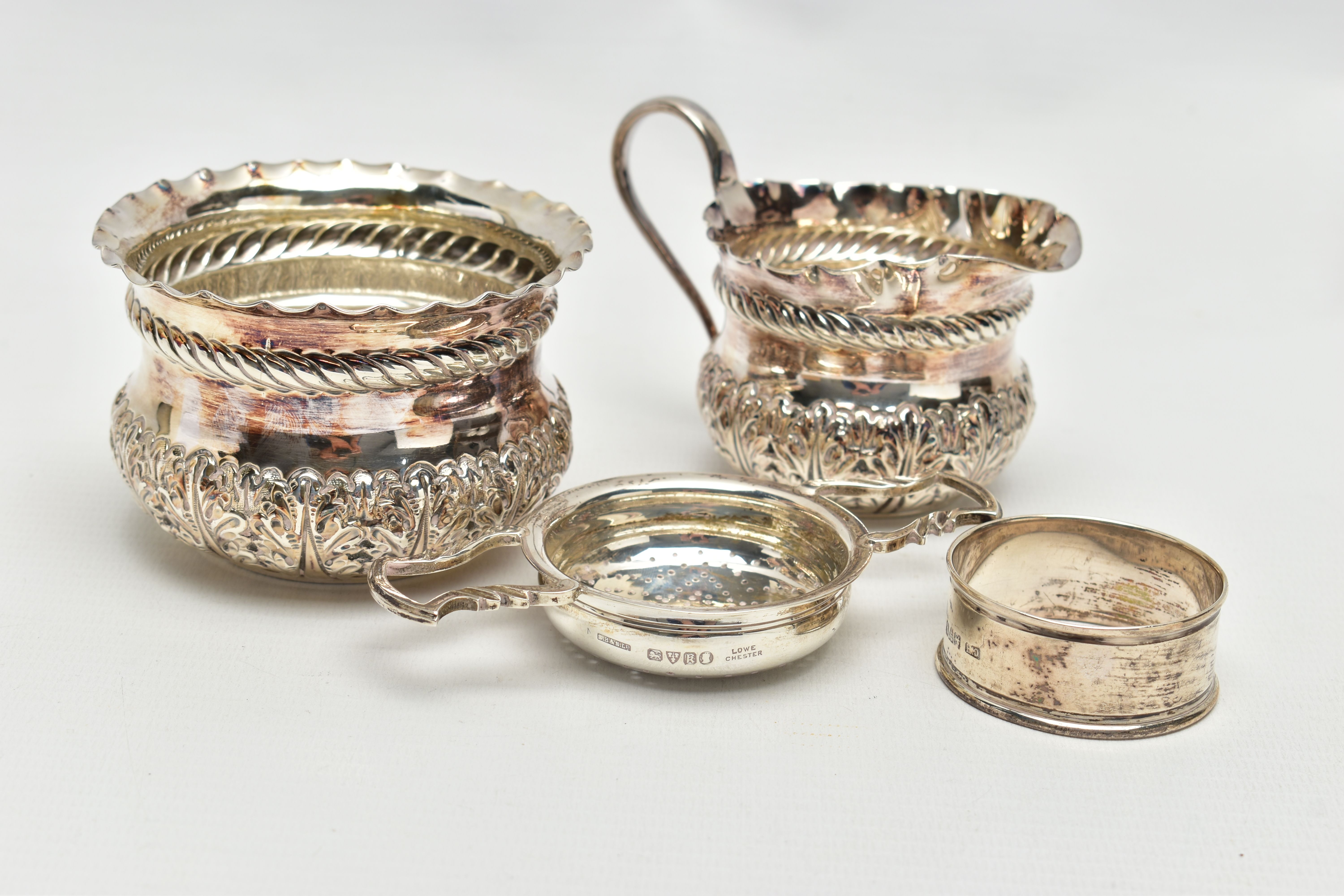 A LATE VICTORIAN SILVER CREAM JUG AND SUGAR BOWL OF CIRCULAR FORM, crimped rims above a rope twist - Image 2 of 7