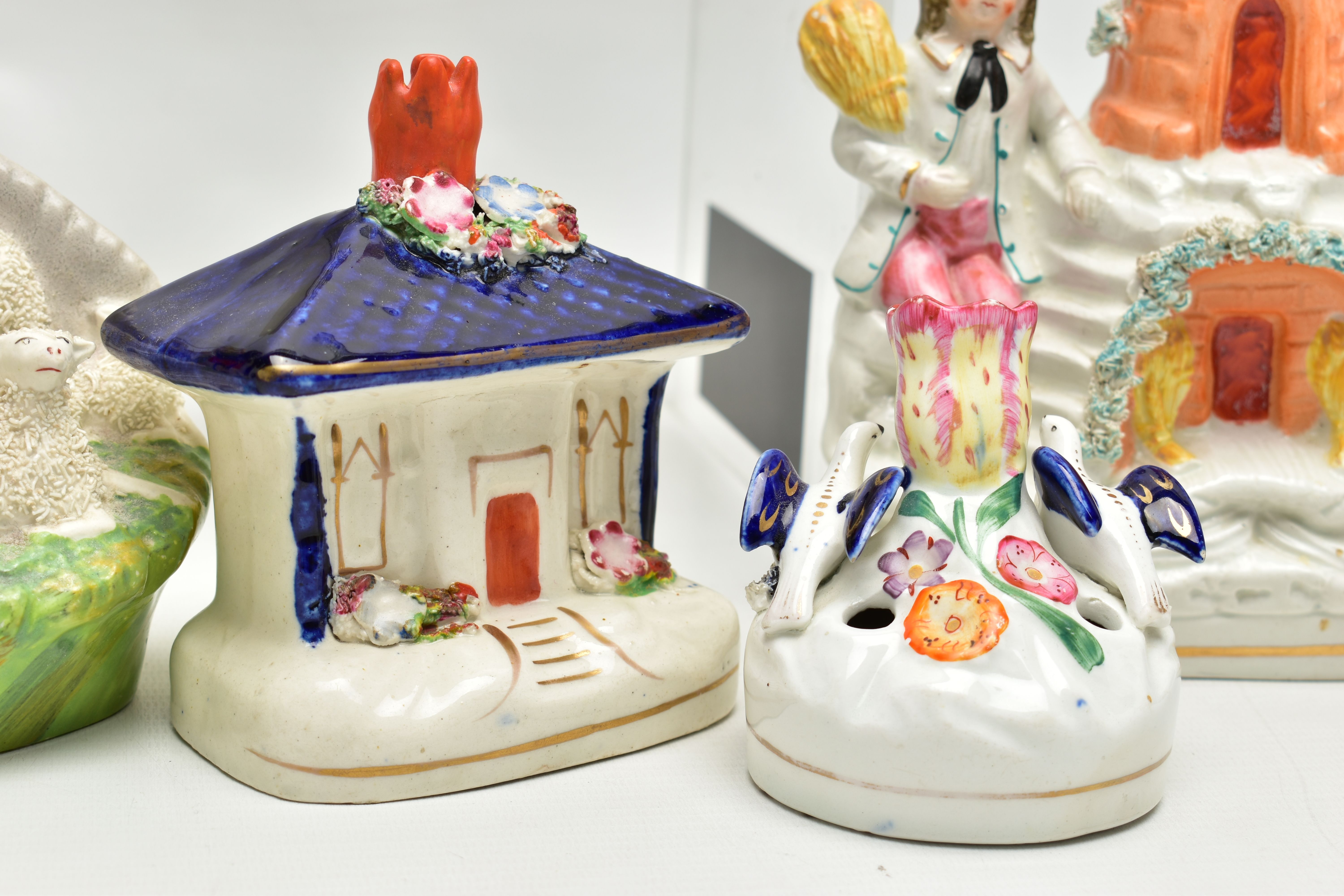 FIVE VICTORIAN STAFFORDSHIRE POTTERY FIGURES, ETC, comprising a windmill with boy and girl seated - Image 4 of 14