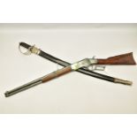 AN INDIAN MADE SWORD WITH SCABBARD TOGETHER WITH A WHITE METAL COPY OF A WINCHESTER MODEL 1866 (2)
