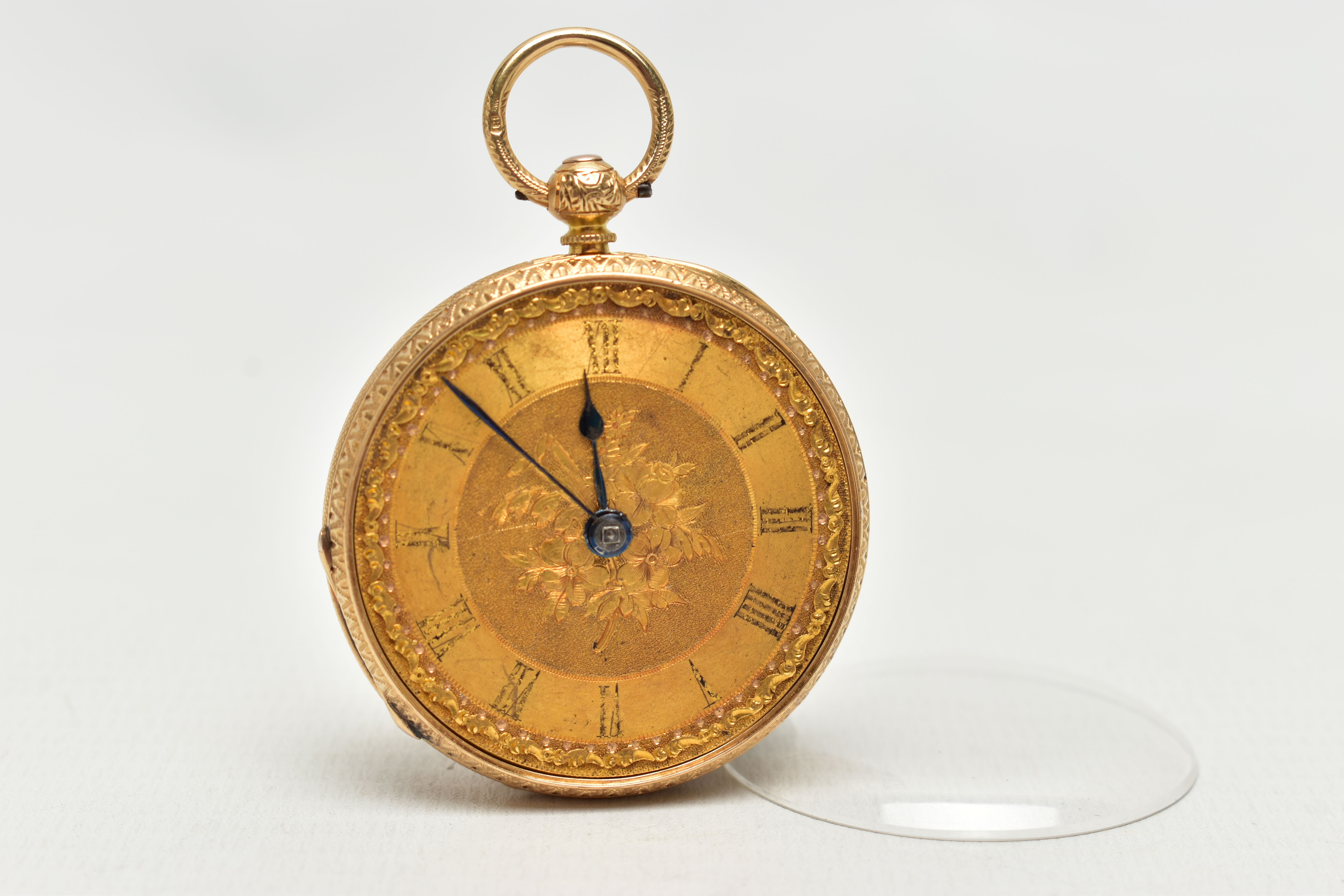 A LATE VICTORIAN 18CT YELLOW GOLD KEY WOUND OPEN FACE POCKET WATCH, the foliate gilt dial, with - Image 3 of 5