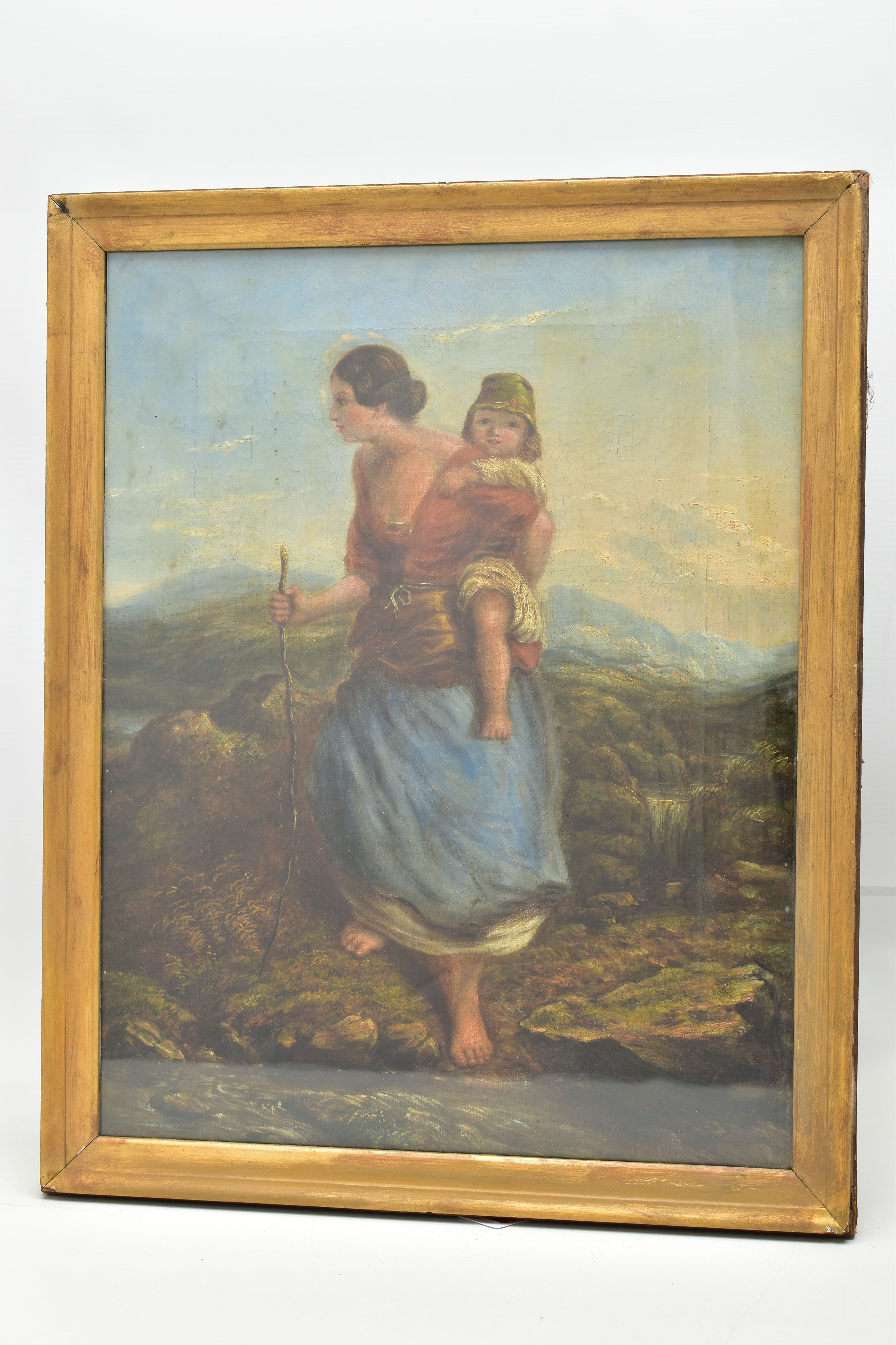 19TH CENTURY BRITISH SCHOOL, a mother carrying her child across a moorland landscape with hills to - Image 2 of 12