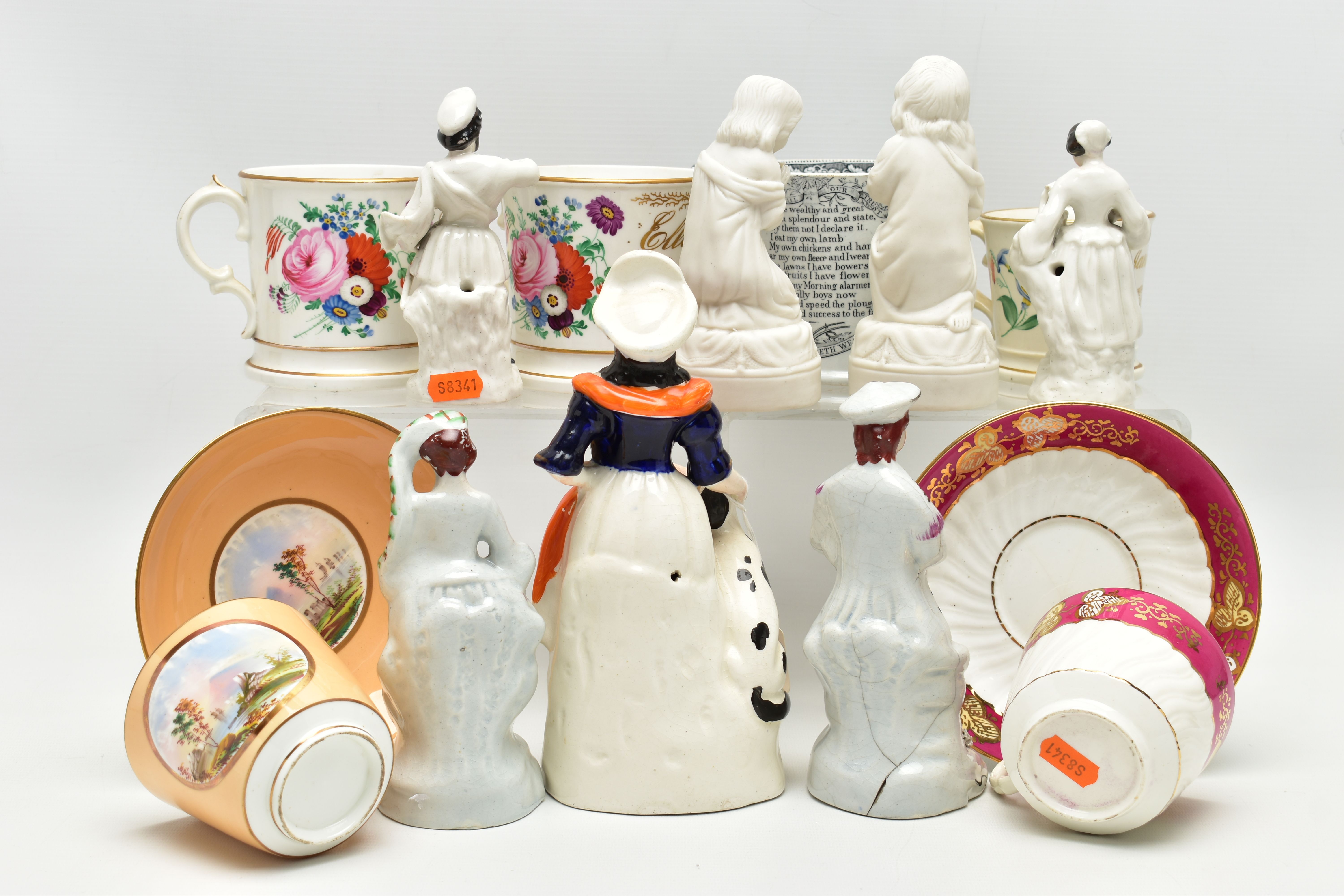 A GROUP OF 19TH AND EARLY 20TH CENTURY CERAMICS, comprising a family group of three hand painted - Image 9 of 16