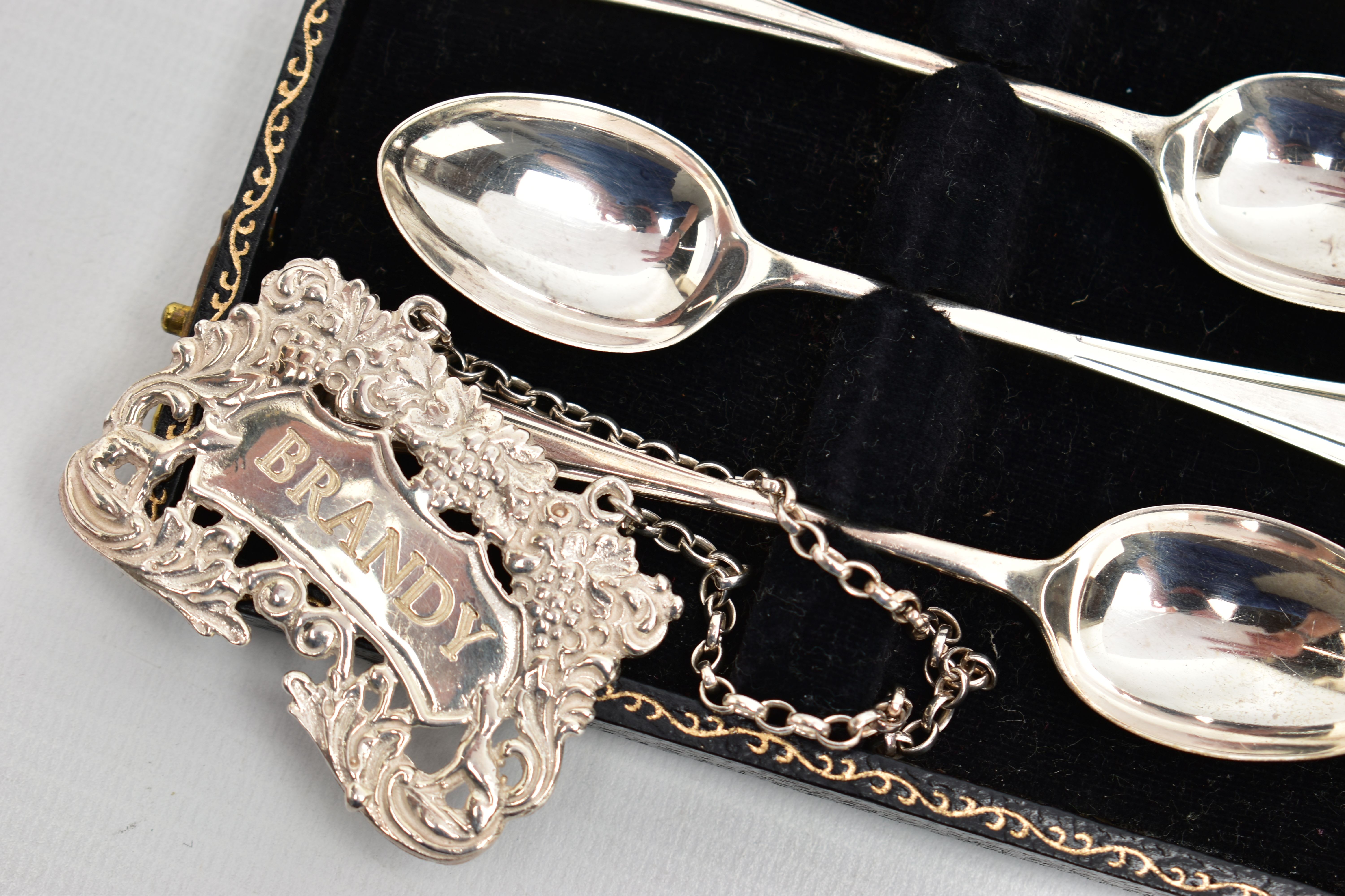 A SMALL PARCEL OF SILVER SPOONS, ETC, comprising a pair of Elizabeth II 'BRANDY' & 'SHERRY' decanter - Image 5 of 7
