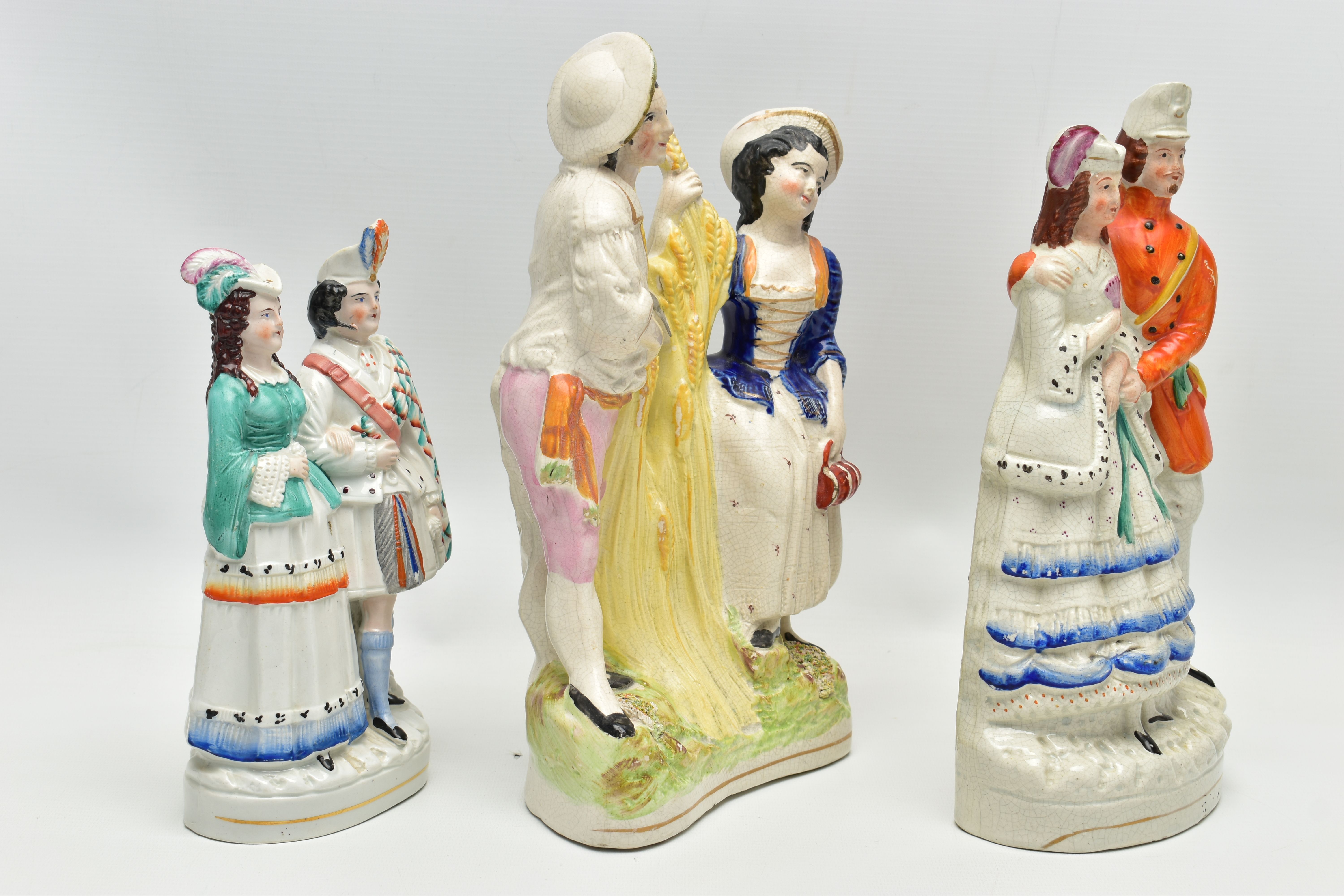 FIVE VICTORIAN STAFFORDSHIRE POTTERY FIGURE GROUPS OF COUPLES, comprising a harvest scene, height - Image 9 of 13