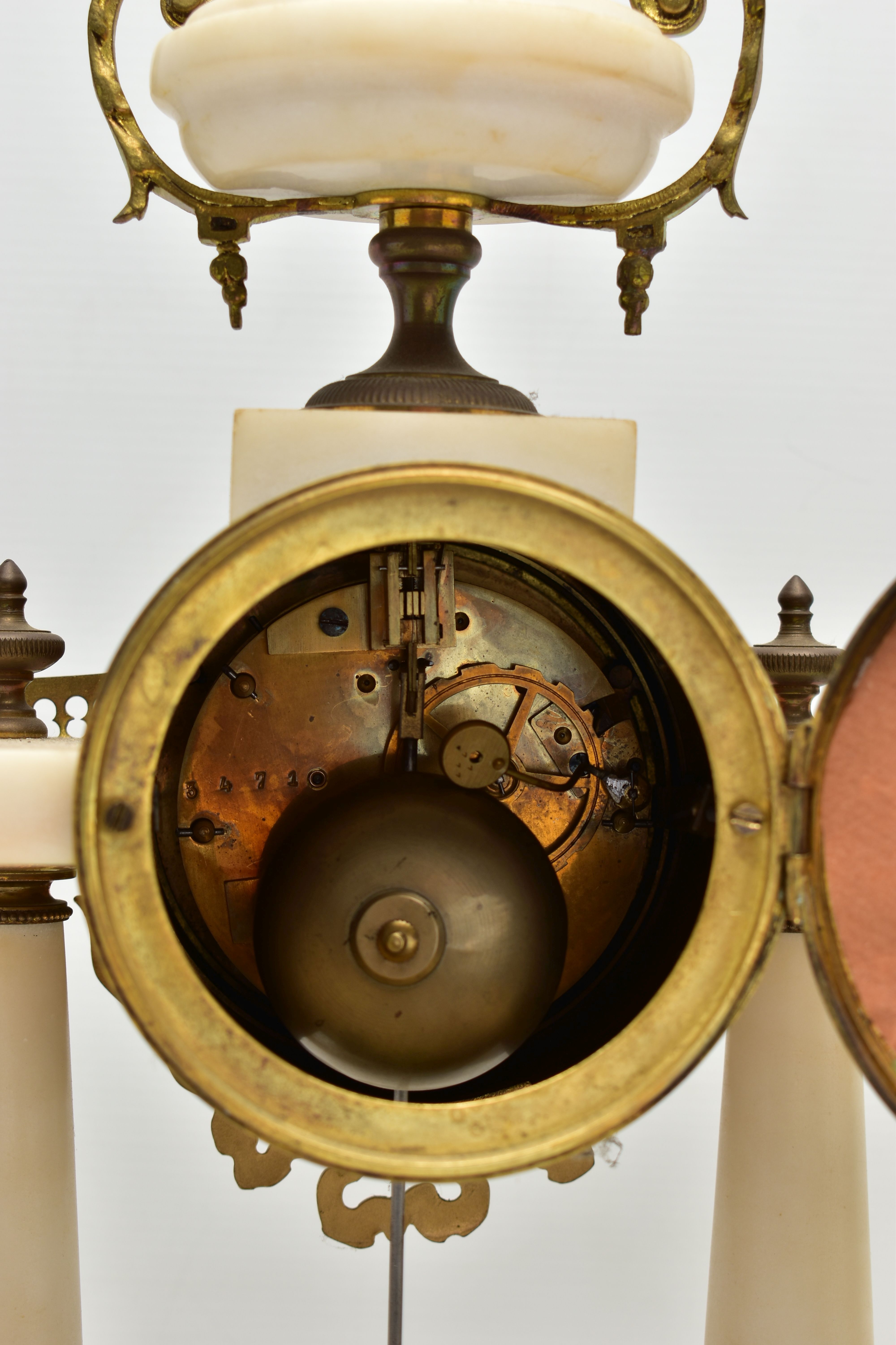 A LATE 19TH CENTURY FRENCH WHITE MARBLE AND GILT METAL CLOCK GARNITURE, the clock with urn - Image 10 of 18