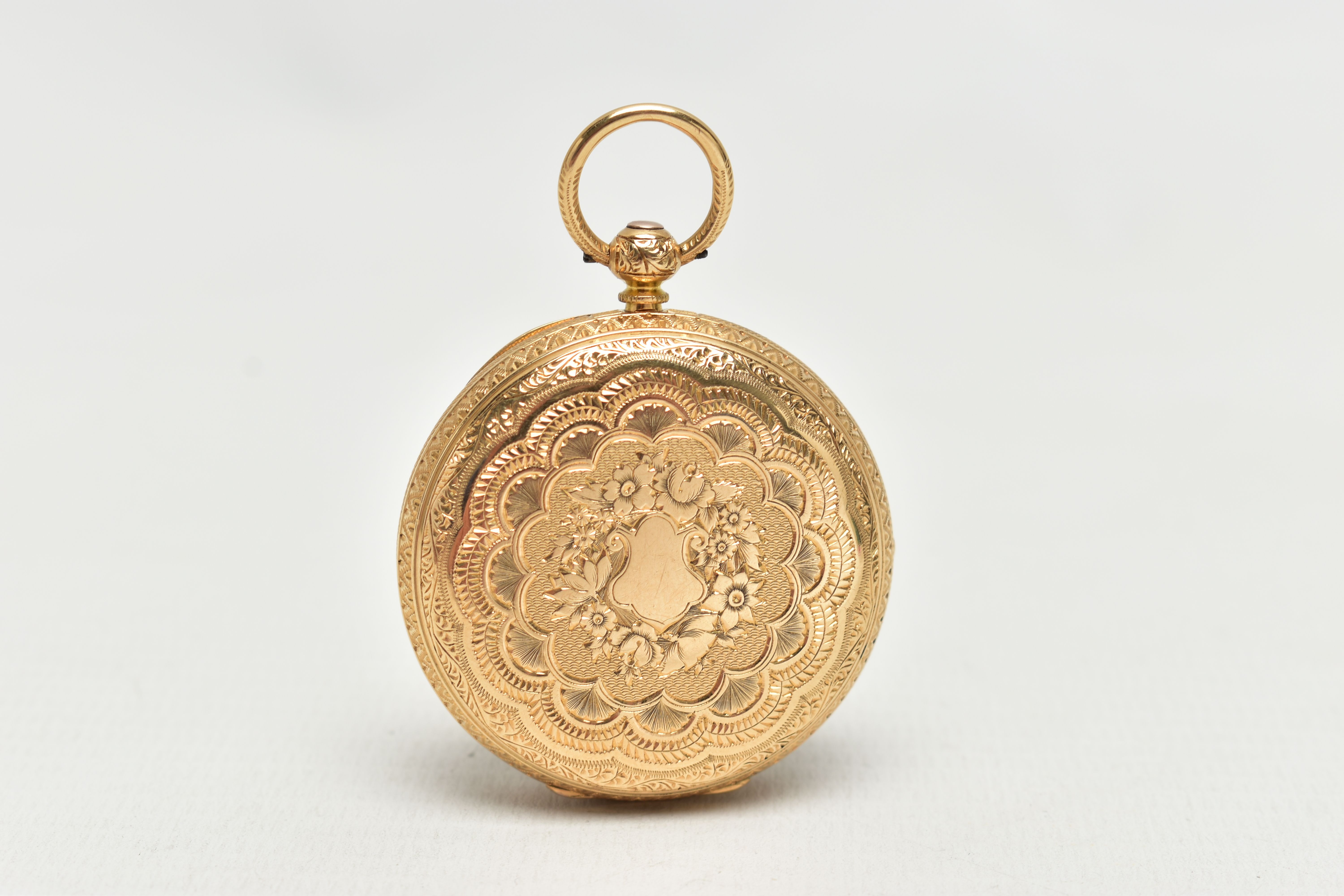 A LATE VICTORIAN 18CT YELLOW GOLD KEY WOUND OPEN FACE POCKET WATCH, the foliate gilt dial, with - Image 2 of 5