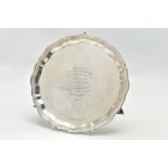 AN ELIZABETH II SILVER WAITER OF CIRCULAR FORM, pie crust border, the centre with presentation