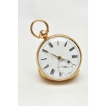 AN EDWARDIAN 18CT YELLOW GOLD KEY WOUND OPEN FACE POCKET WATCH, the white enamel dial with black