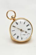 AN EDWARDIAN 18CT YELLOW GOLD KEY WOUND OPEN FACE POCKET WATCH, the white enamel dial with black