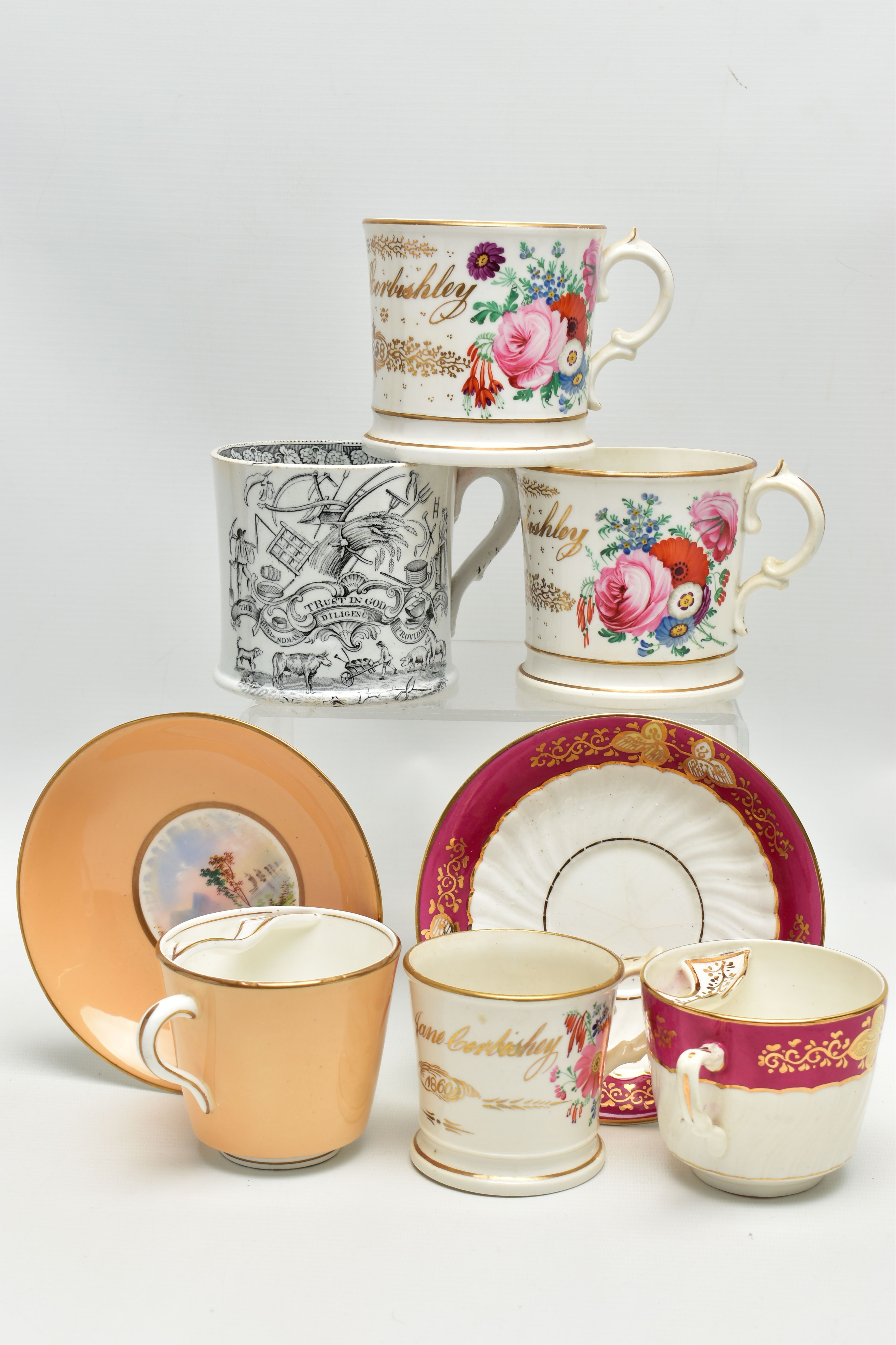 A GROUP OF 19TH AND EARLY 20TH CENTURY CERAMICS, comprising a family group of three hand painted - Image 15 of 16